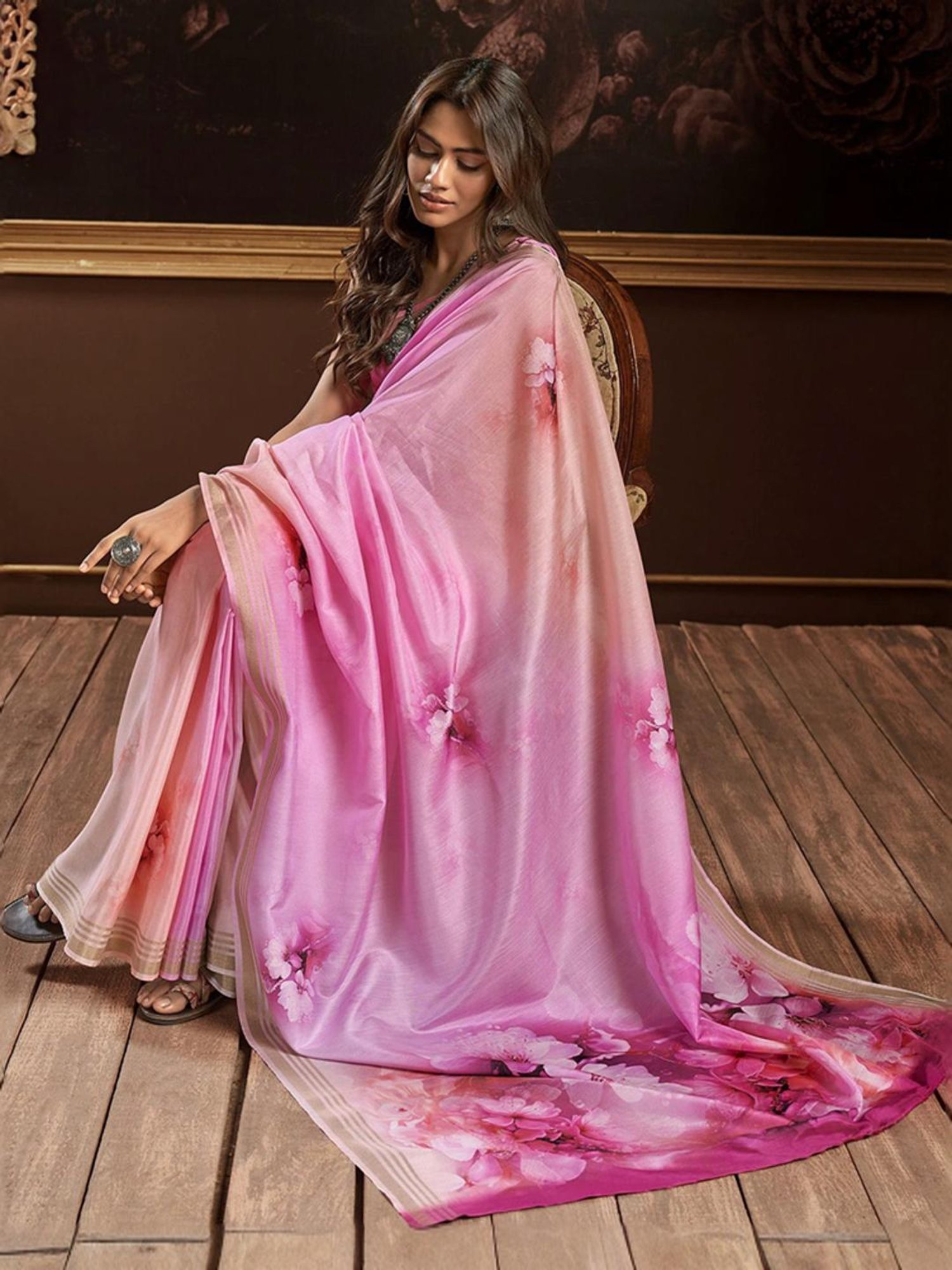 Satrani Pink Floral Print Saree With Unstitched Blouse