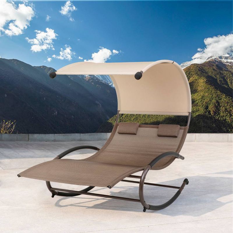 Outdoor Double Chaise Lounge Chair Rocking Daybed & Sunlounger with Canopy - Brown - Crestlive Products