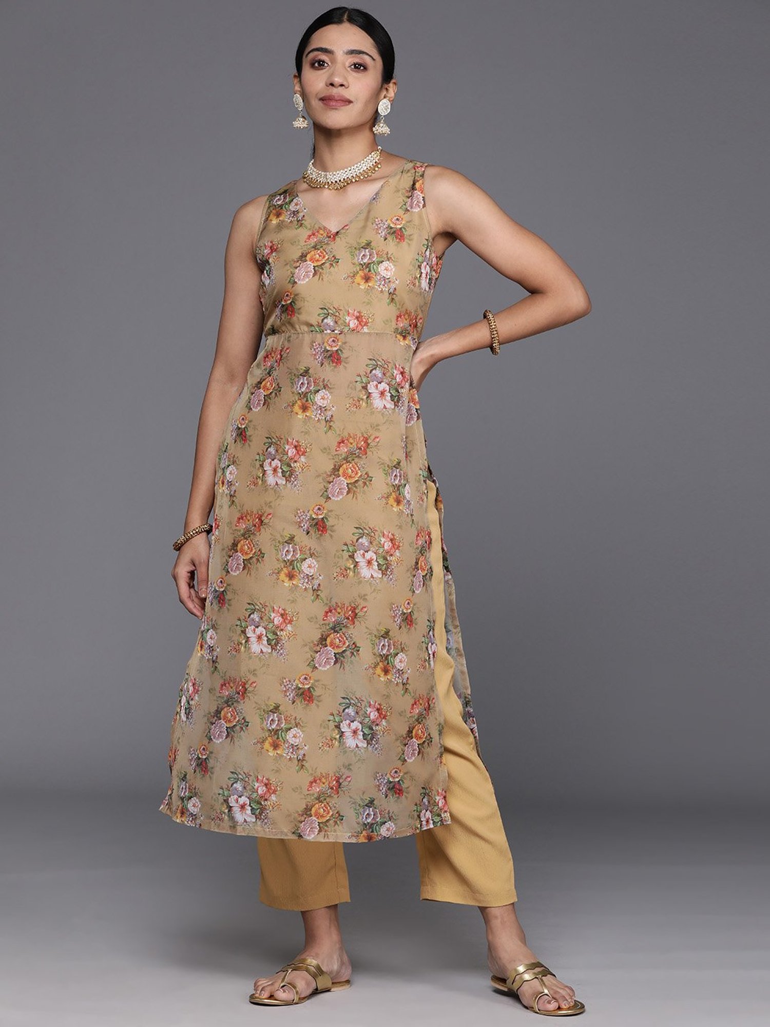 Varanga Beige Printed Kurta Pant Set