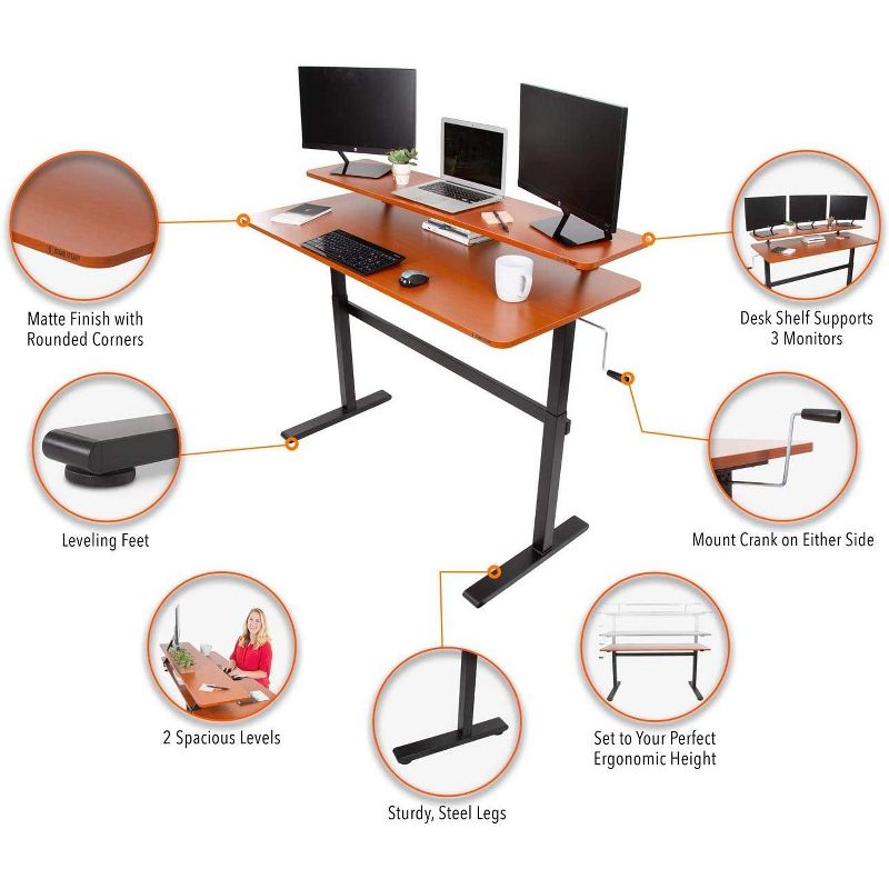 Tranzendesk Standing Desk with Clamp-On Shelf - 55" Sit to Stand Workstation with 55" Monitor Stand - Cherry - Stand Steady