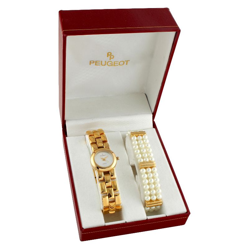 Women's Peugeot Interchangeable Bracelet Watch Set - Gold and Pearl