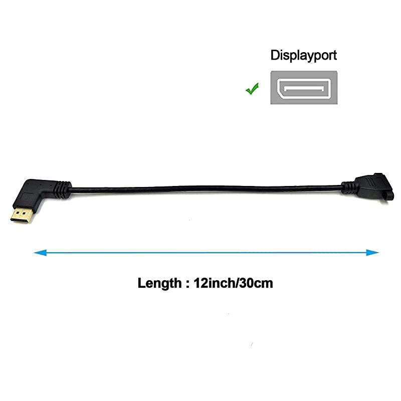 DP to DP Cable 12inch 30cm Right Angle 90 Degree Displayport DP Male to DisplayPort DP Female with Screw Hole Panel Mount for Audio and Video Extension Cable