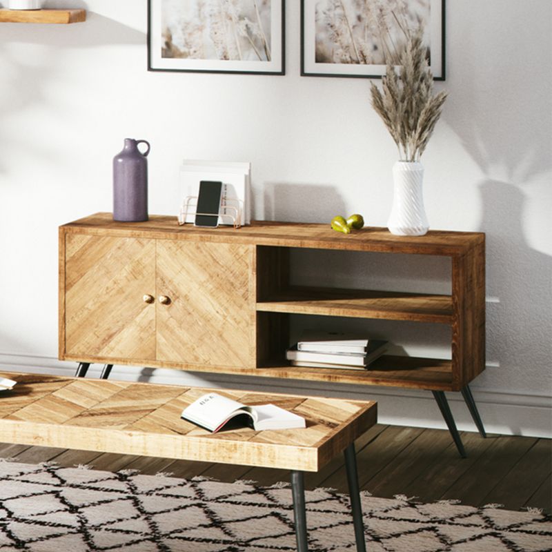 Mindful Living Rustic Farmhouse Mid Century Fusion 2 Shelf Mango Wood Top & Iron Hairpin Legs Chevron Pattern TV Console Cabinet Entertainment Center