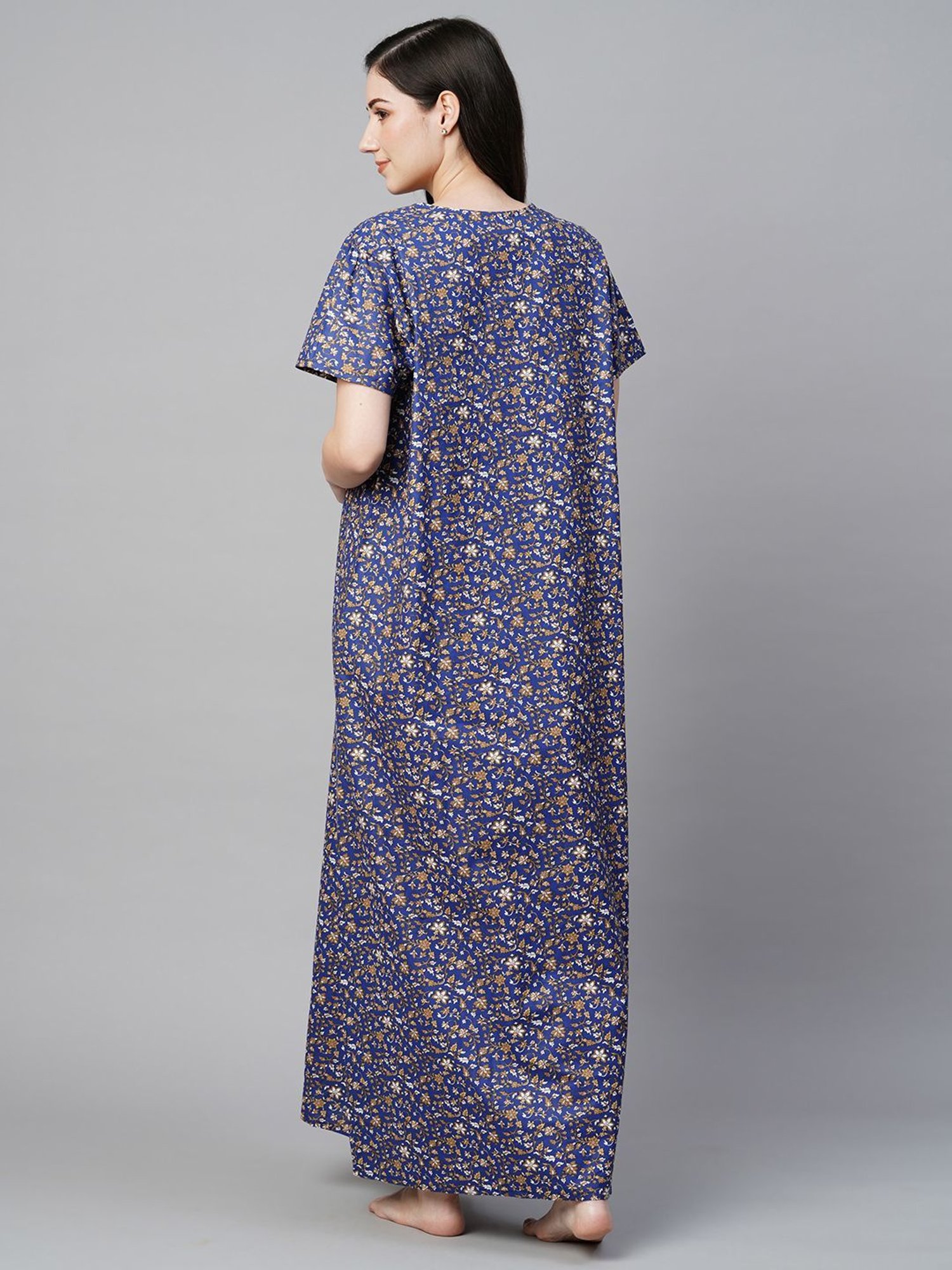 MomToBe Blue Cotton Printed Feeding Nighty