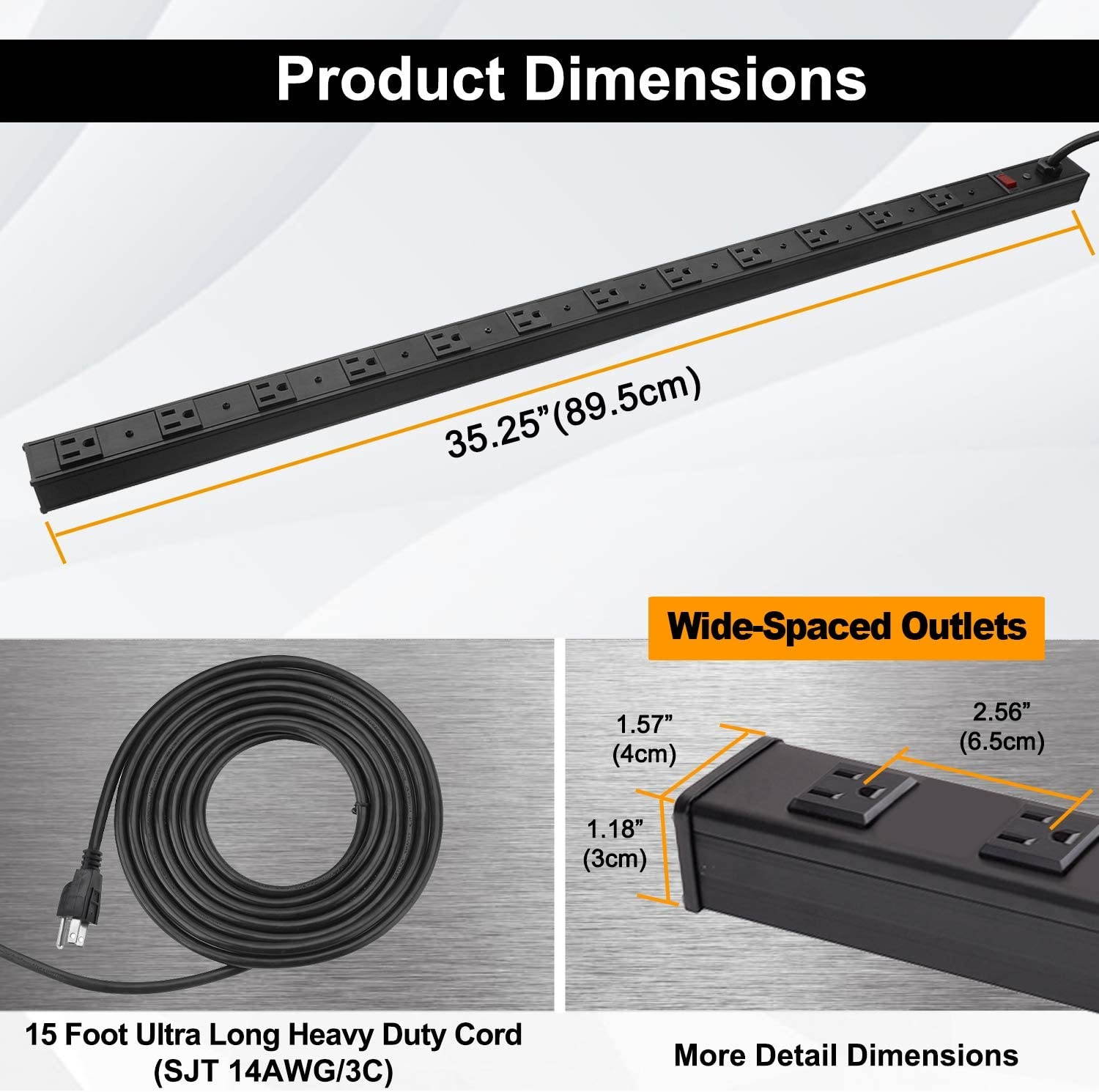 BESTTEN Wide-Spaced 12-Outlet Metal Power Strip Surge Protector, 15-Foot Ultra Long Extension Cord, 15A/125V/1875W, 600 Joules, ETL Listed, Black
