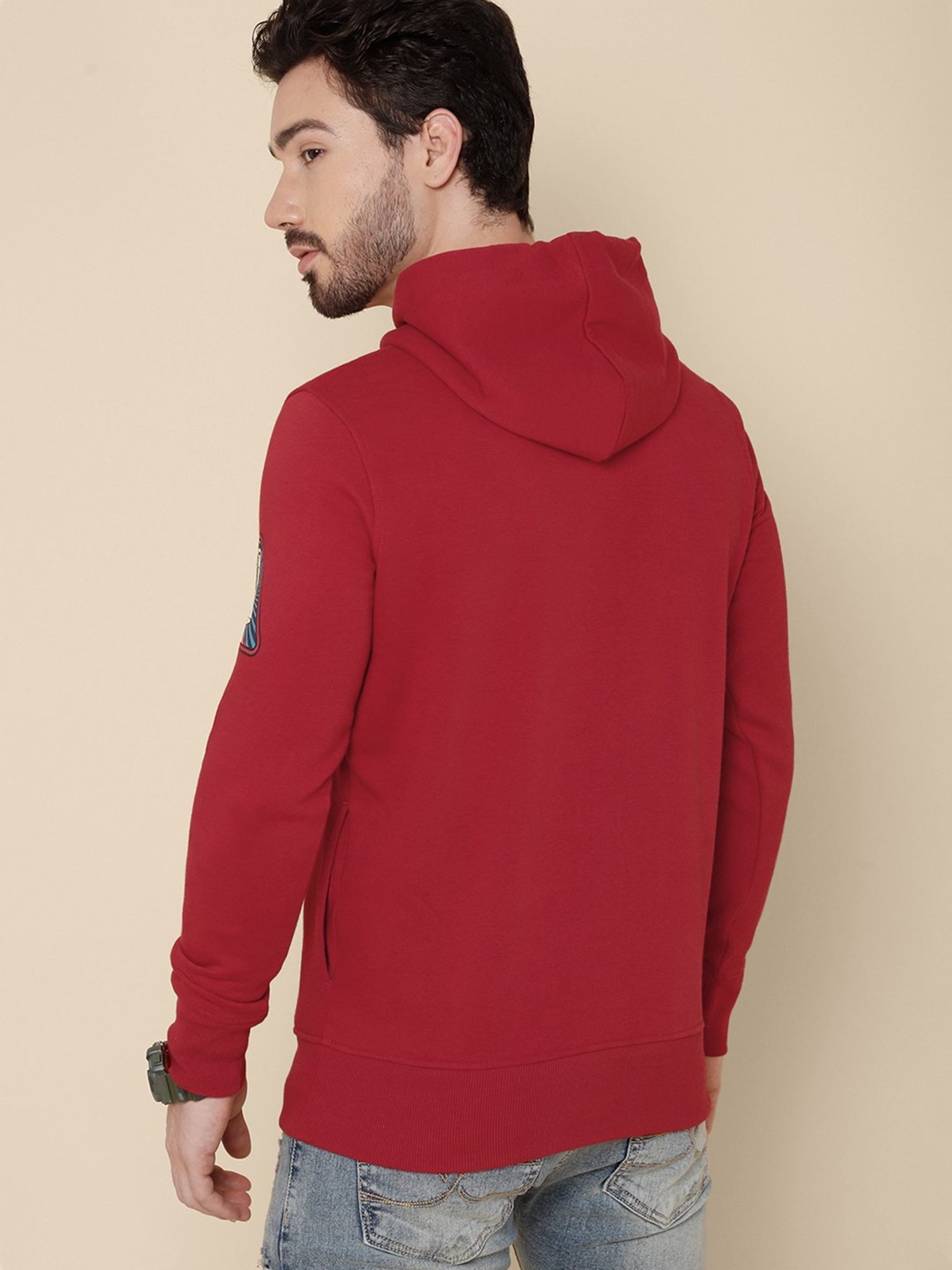 Free Authority Red Regular Fit Nasa Printed Hooded Sweatshirt