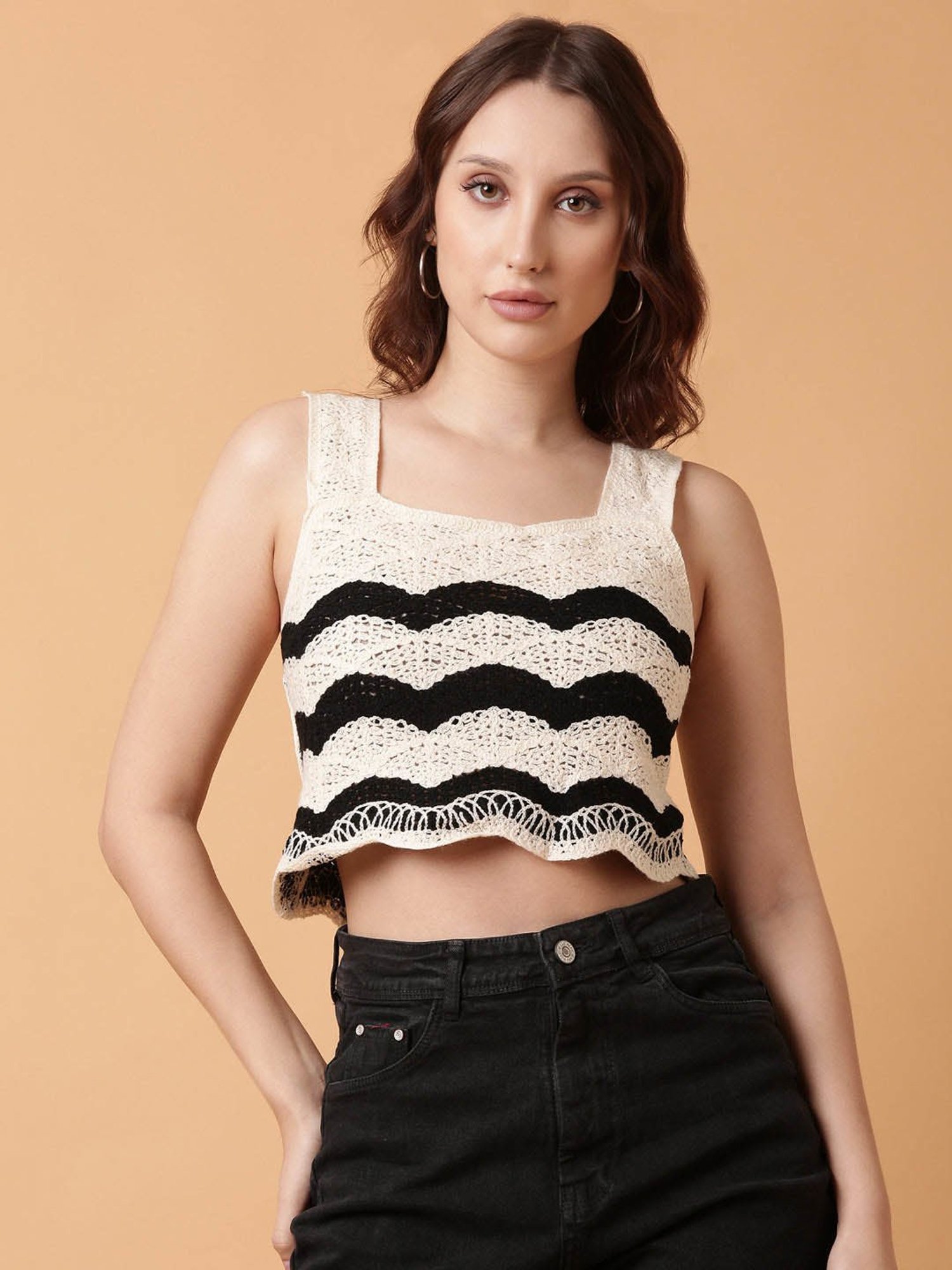 SHOWOFF Beige Self Design Crop Top