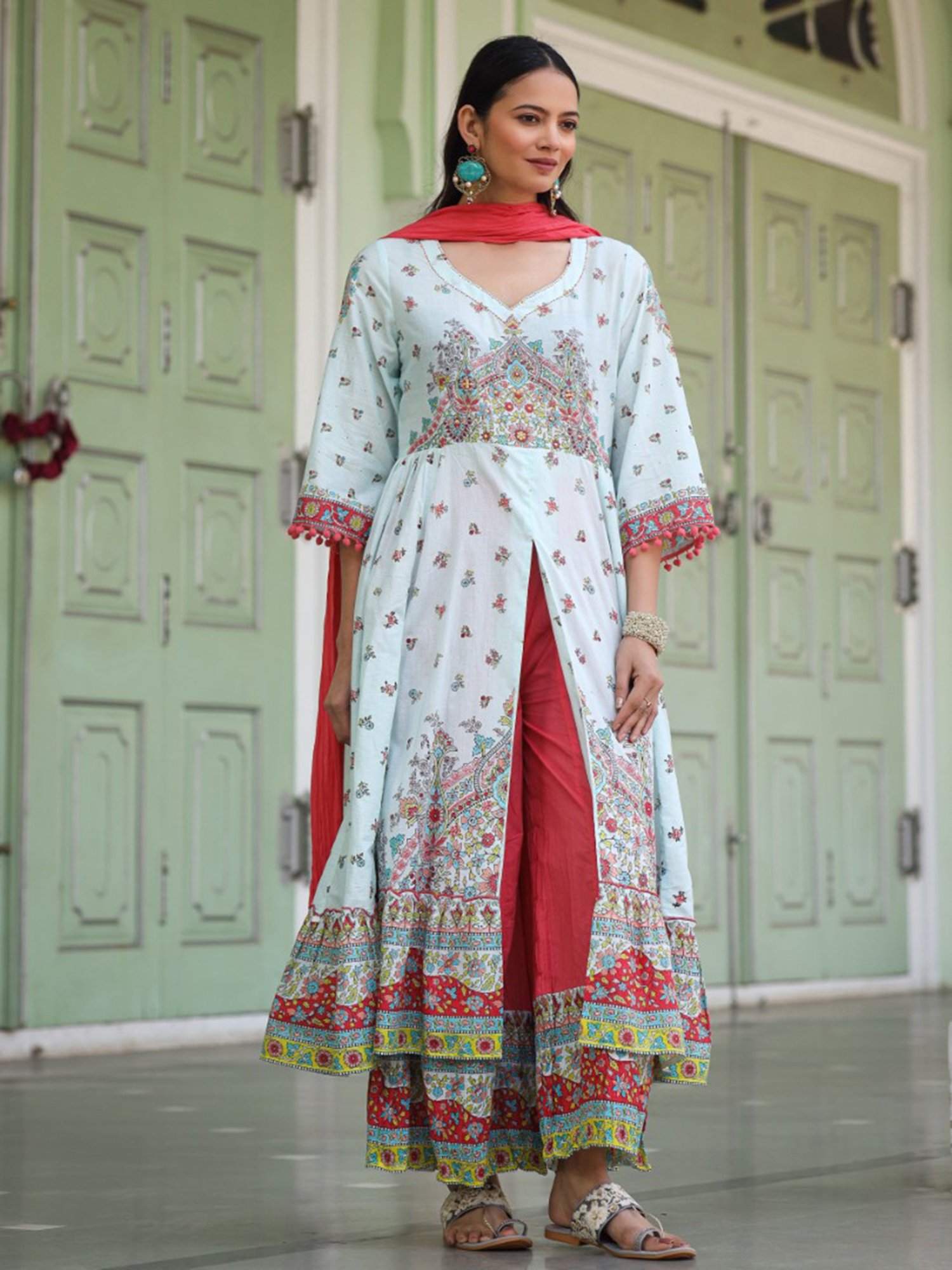 Juniper Sky Blue Cotton Floral Print Anarkali Kurta Pants And Dupatta Set With Sequins & Beadwork