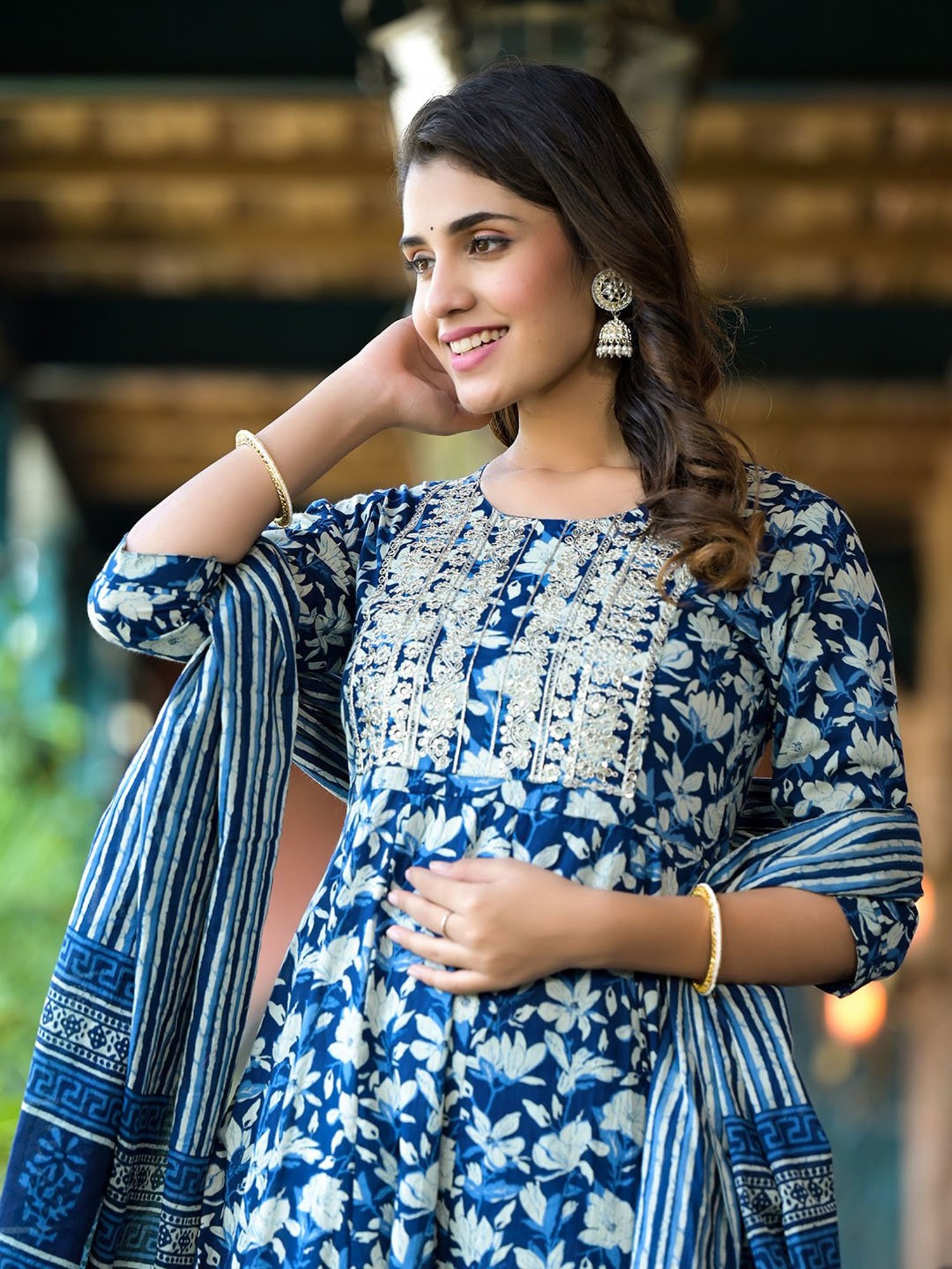 Yufta Blue Embroidered Kurta With Pant & Dupatta