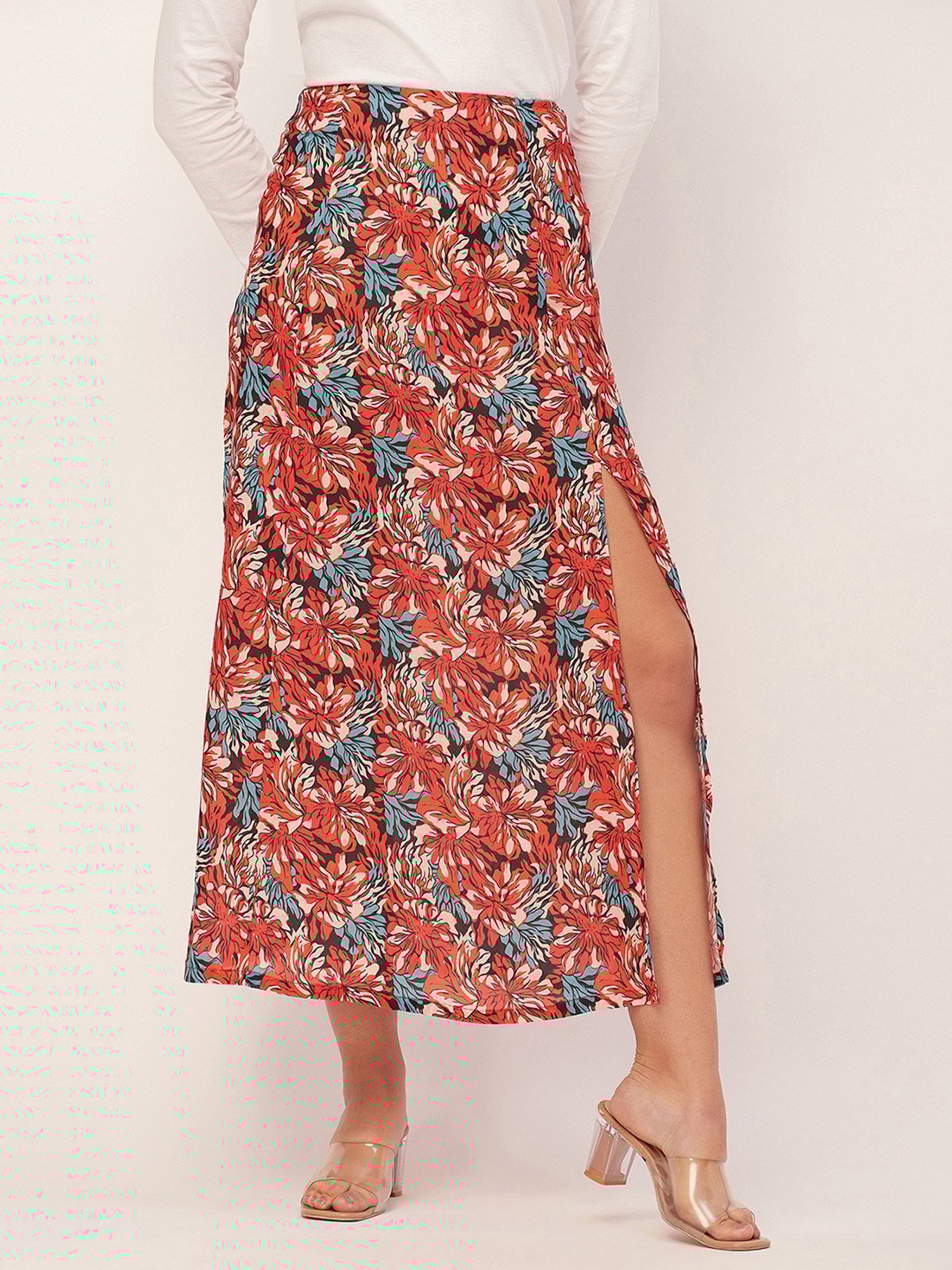 Moomaya Red Georgette Floral Print Skirt