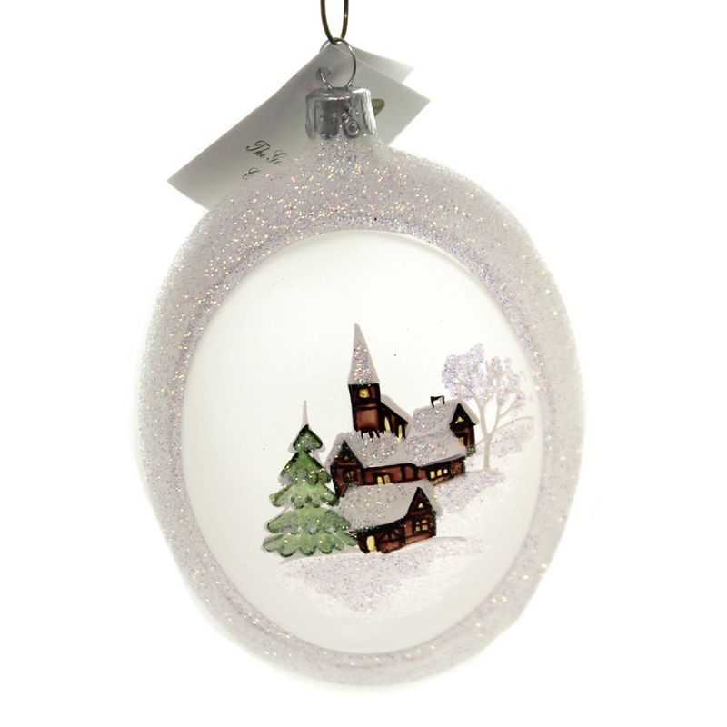 Golden Bell Collection 4.5" Snowy Alpine Village Ornament Oval Czech Glittered  -  Tree Ornaments