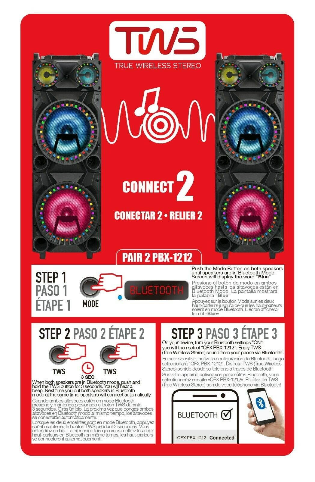 QFX PBX-1212 2 x 12" Party Speaker +Bluetooth +USB/SD/FM +3-Disco RGB Lights