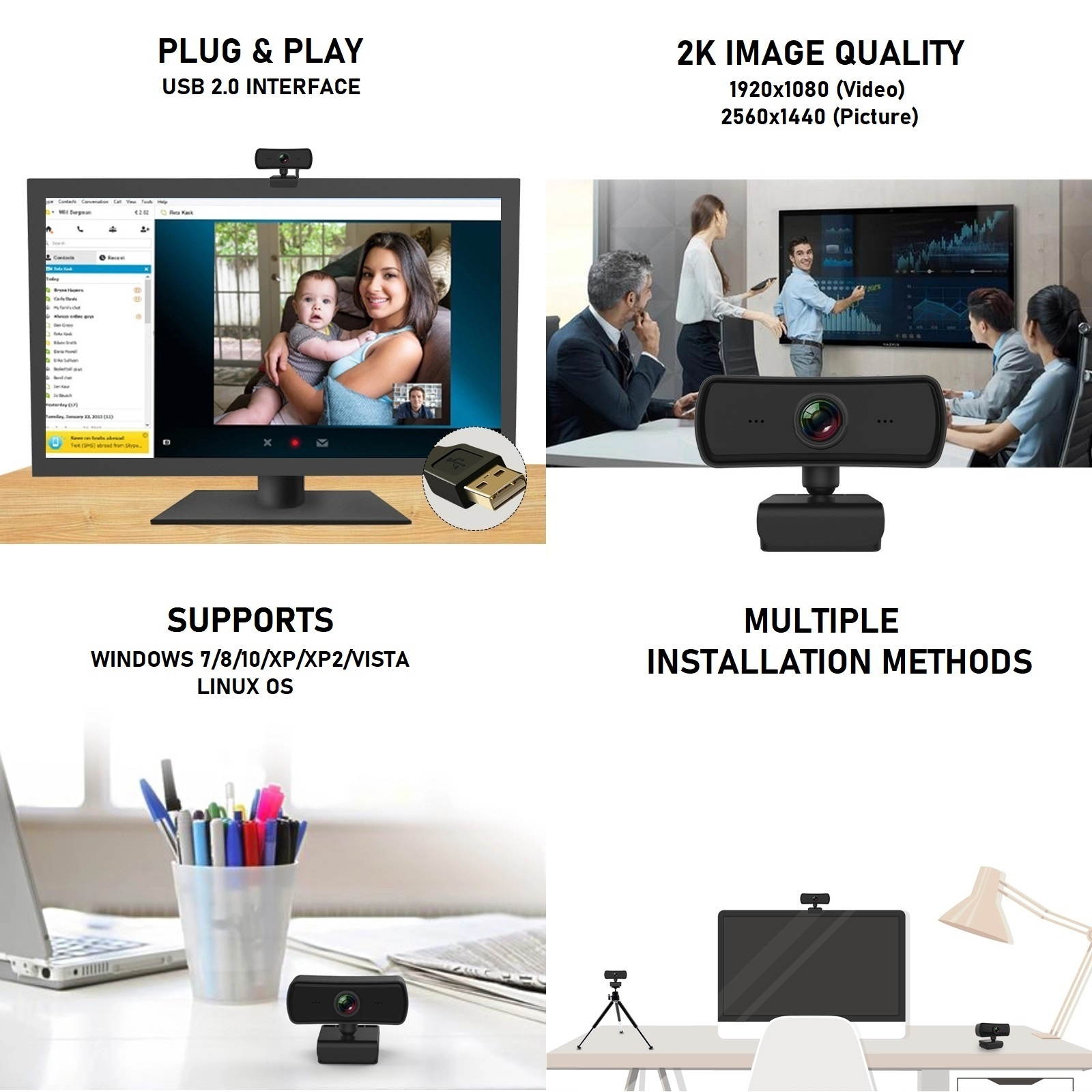 Dartwood 2K QHD USB Webcam with Built-in Microphone and Lens Cover - Ideal for Conferences and Presentations