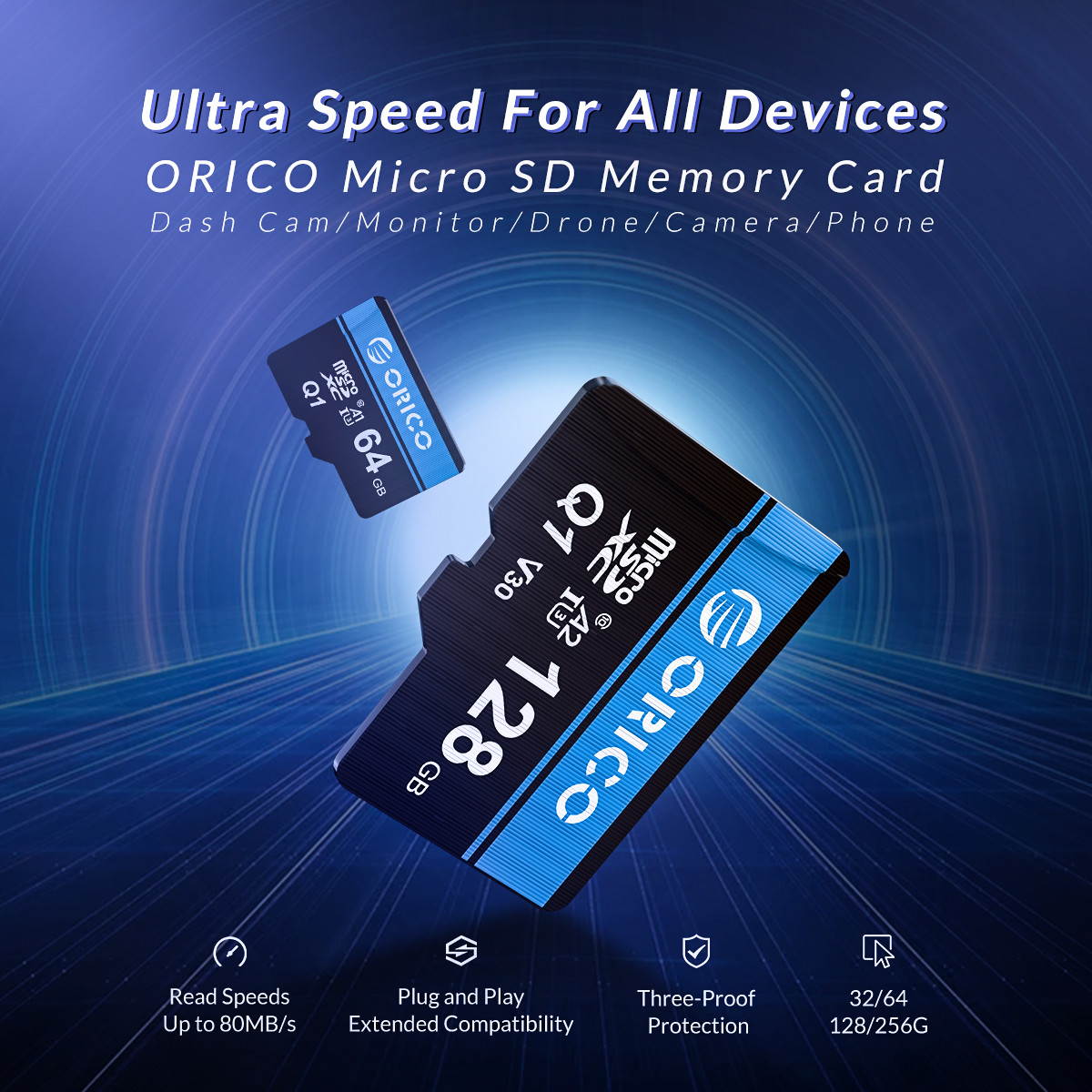 ORICO Ultra 128GB Micro SD Card Class 10 Memory Card with Adapter, Speed Up to 80MB/s