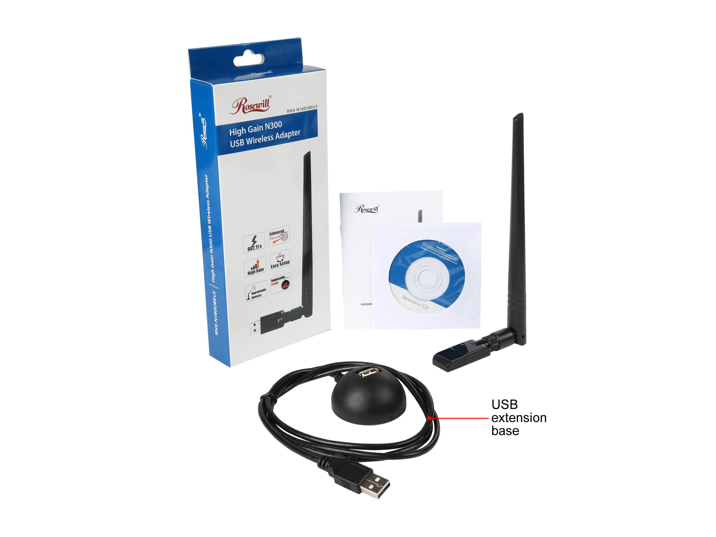 Rosewill RNX-N180UBEv3 - Wireless High Gain N300 Wi-Fi Adapter - IEEE 802.11b/g/n, (2T2R), Up to 300 Mbps Data Rates, USB 2.0 Cradle, 5 dBi High Power Antenna