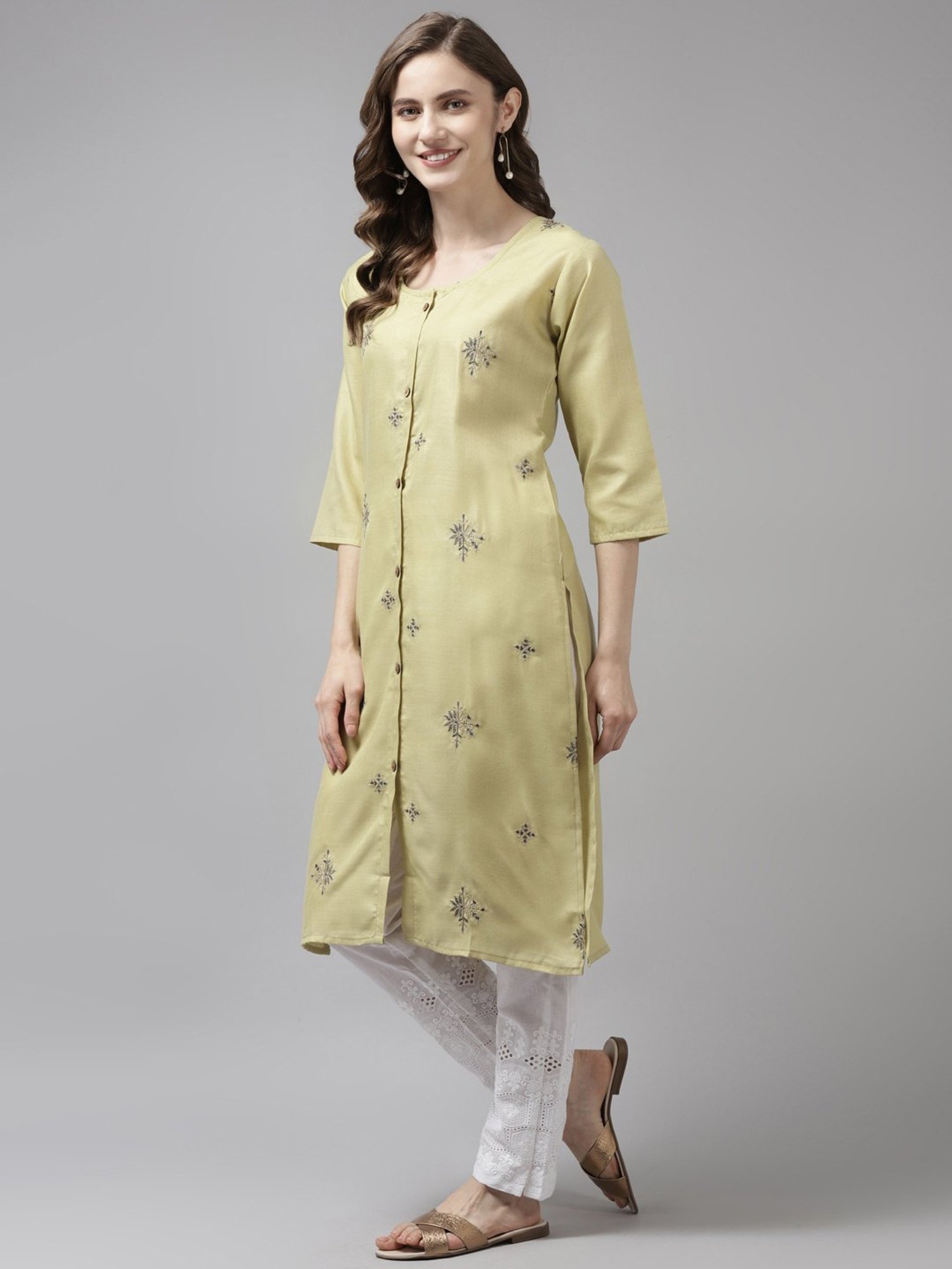 Aarika Lemon Green Cotton Embroidered Straight Kurta