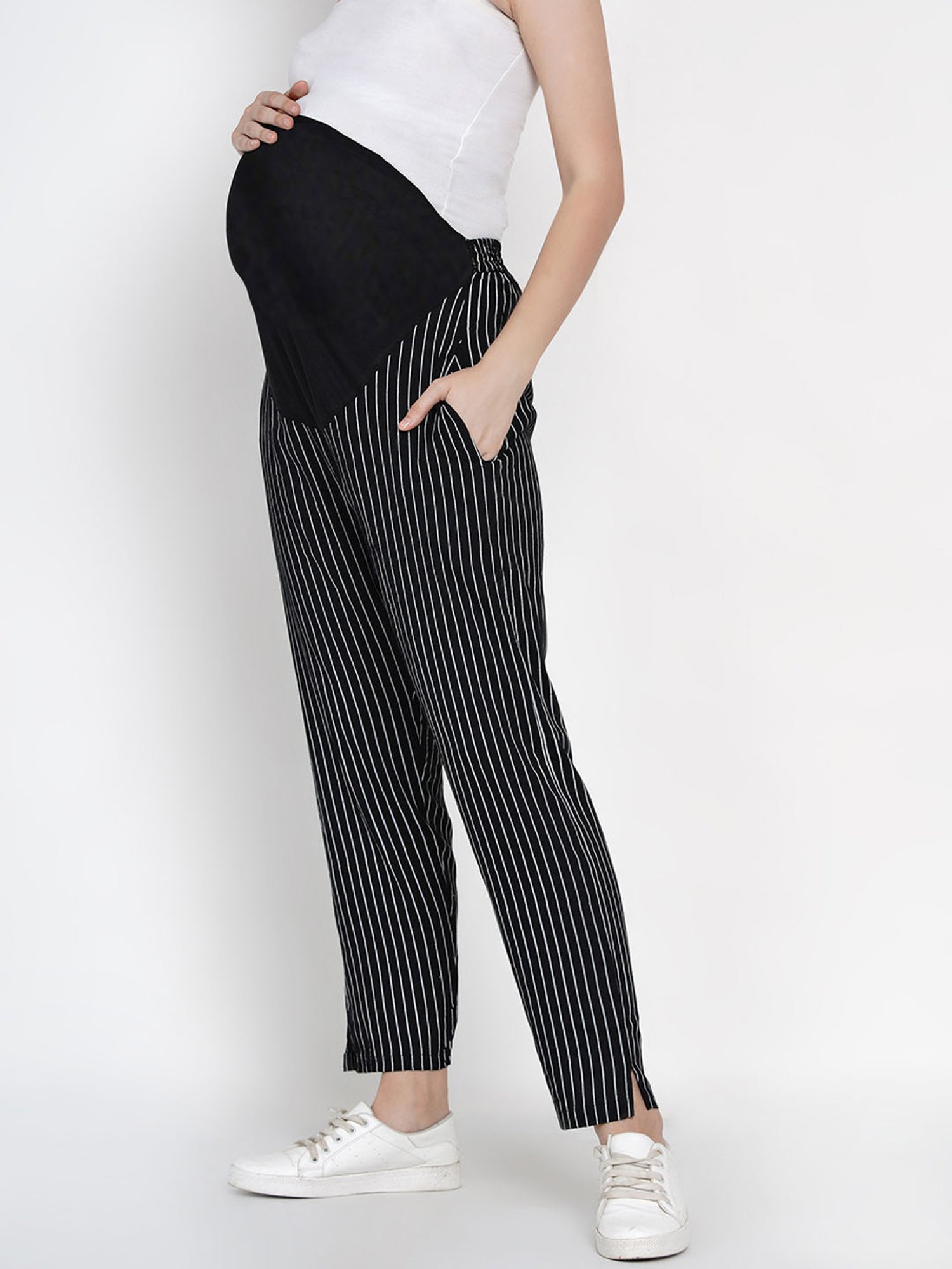 Mine4Nine Black & White Striped Maternity Pants