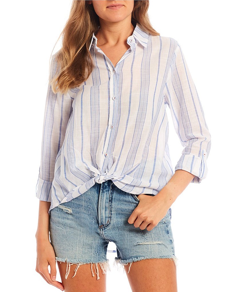 Coco + Jaimeson Stripe Rise and Shine Embroidered Tie Front Blouse