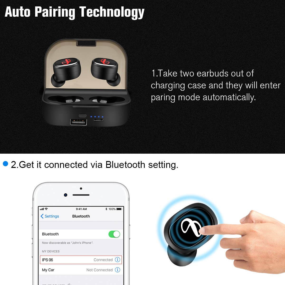 Bluetooth Wireless Earbuds, Sport Headphones Wireless HiFi Sound, Bluetooth 5.0 TWS Headphones 80H Playtime, Dual Built-in Mic, Auto Pairing with 2600mAh Charging Case Power bank, Waterproof Wireless