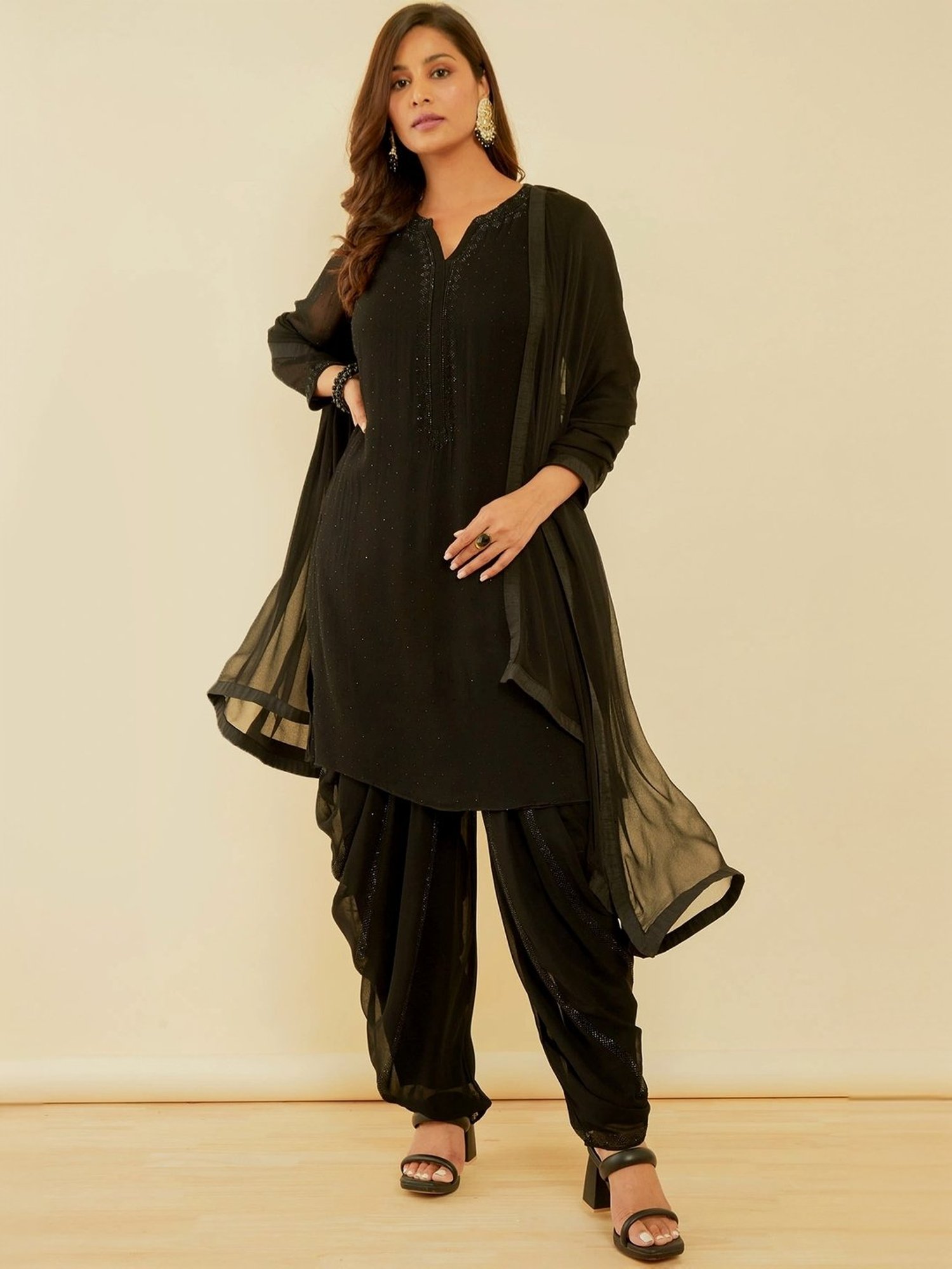 Soch Coal Black Embellished Kurti Dhoti Pant Set With Dupatta