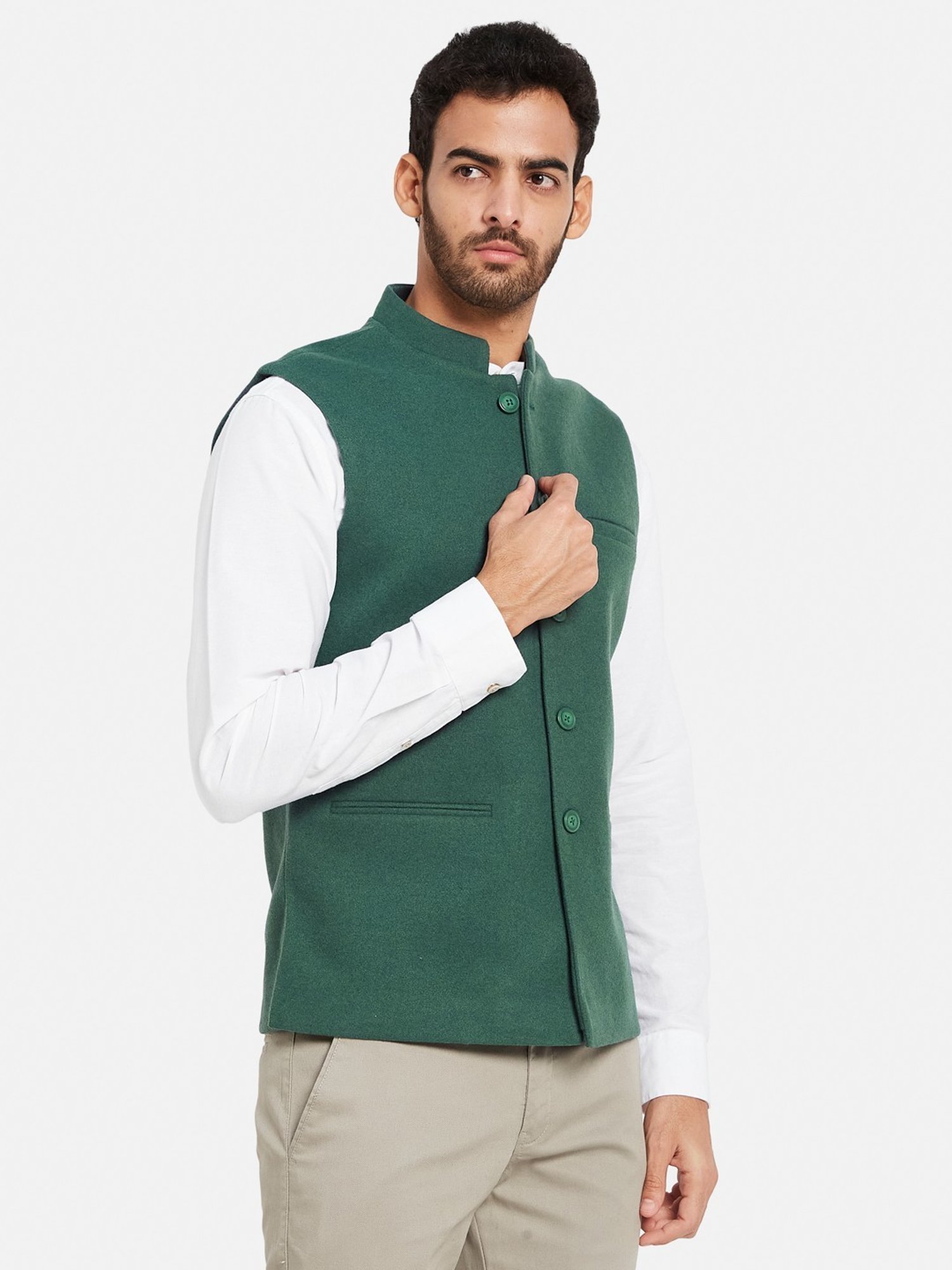 METTLE Teal Green Cotton Linen Regular Fit Nehru Jacket