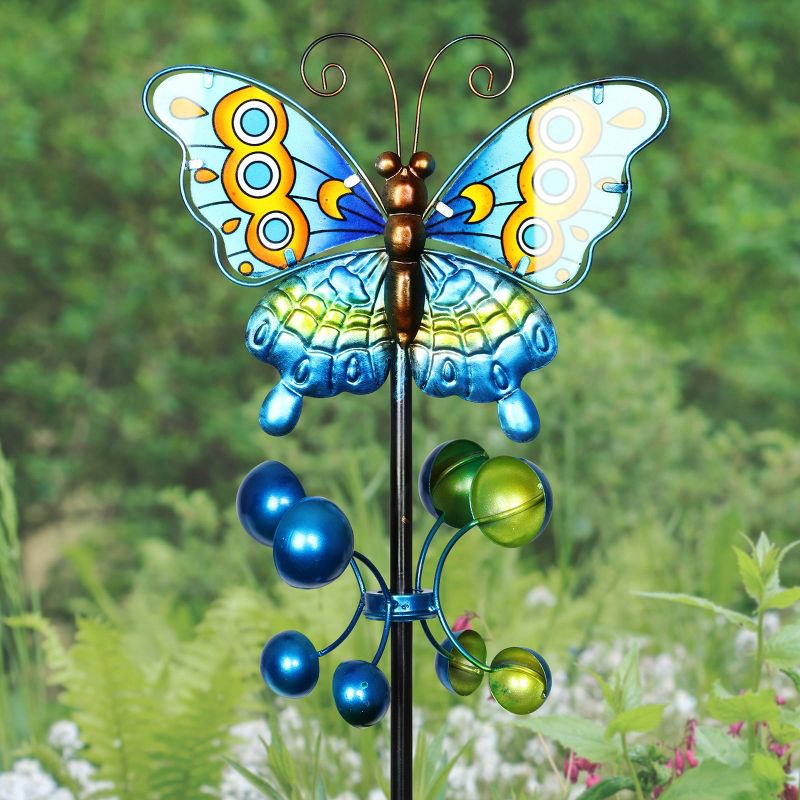 37.8" Metal Butterfly Spinner Garden Stake Teal - Exhart