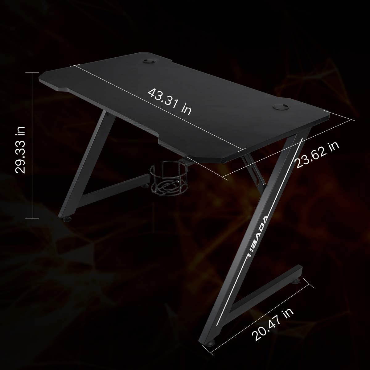 43 inch Gaming Computer Desk, Home Office PC Desk, Z-Shape Racing Style Game Station with Double Cable Manage Hole, Sturdy Ergonomic E-Sports Desk with Cup Holder and Headphone Hook, Black