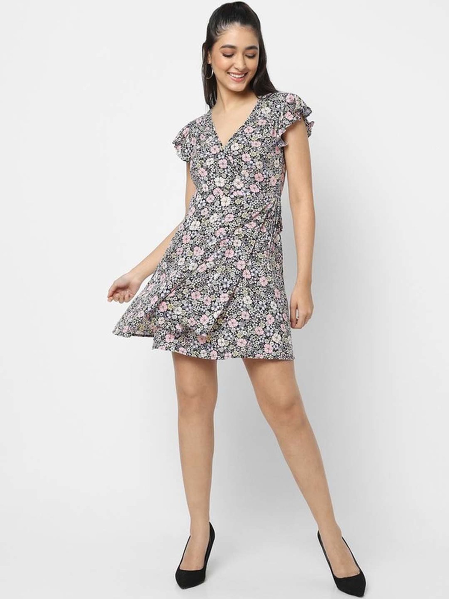 VASTRADO Black & Pink Floral Print A-Line Wrap Dress