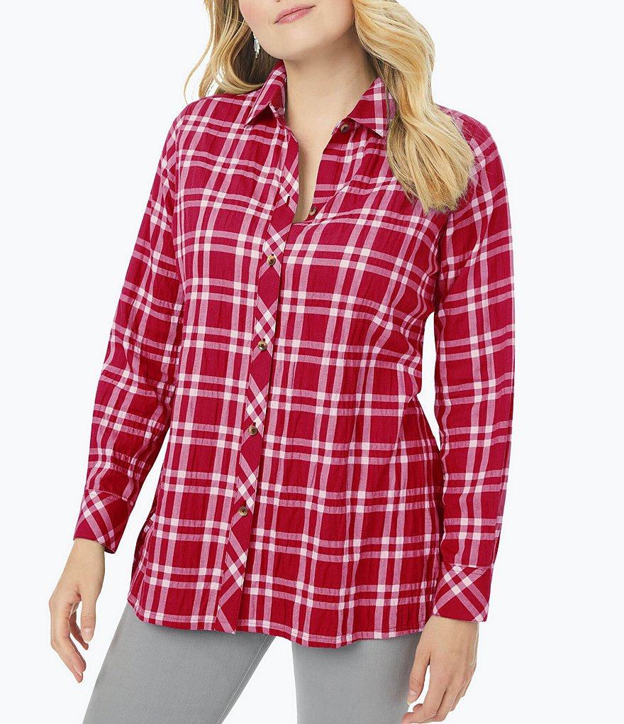 Foxcroft Plus Size Santino Plaid Print Pucker Woven Long Sleeve Button Down Point Collar Tunic