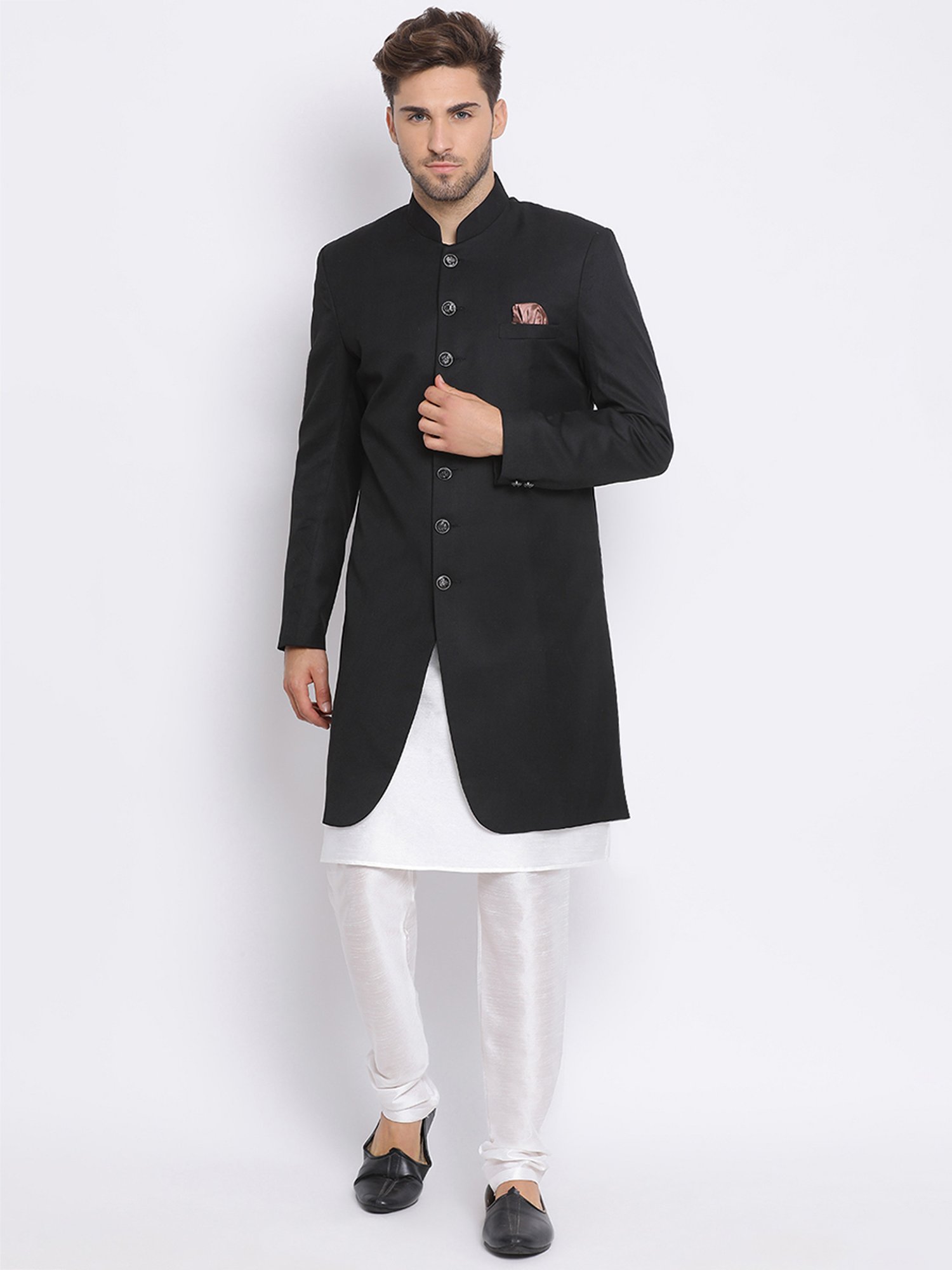 Hangup Plus Black & White Regular Fit Sherwani Set