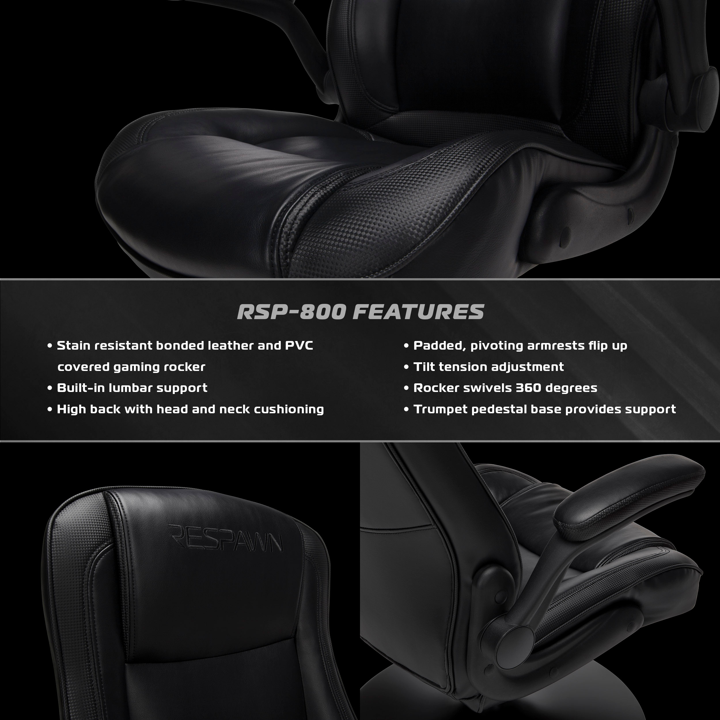 RESPAWN-800 Racing Style Gaming Rocker Chair, Rocking Gaming Chair, in Blue (RSP-800-BLK-BLU)