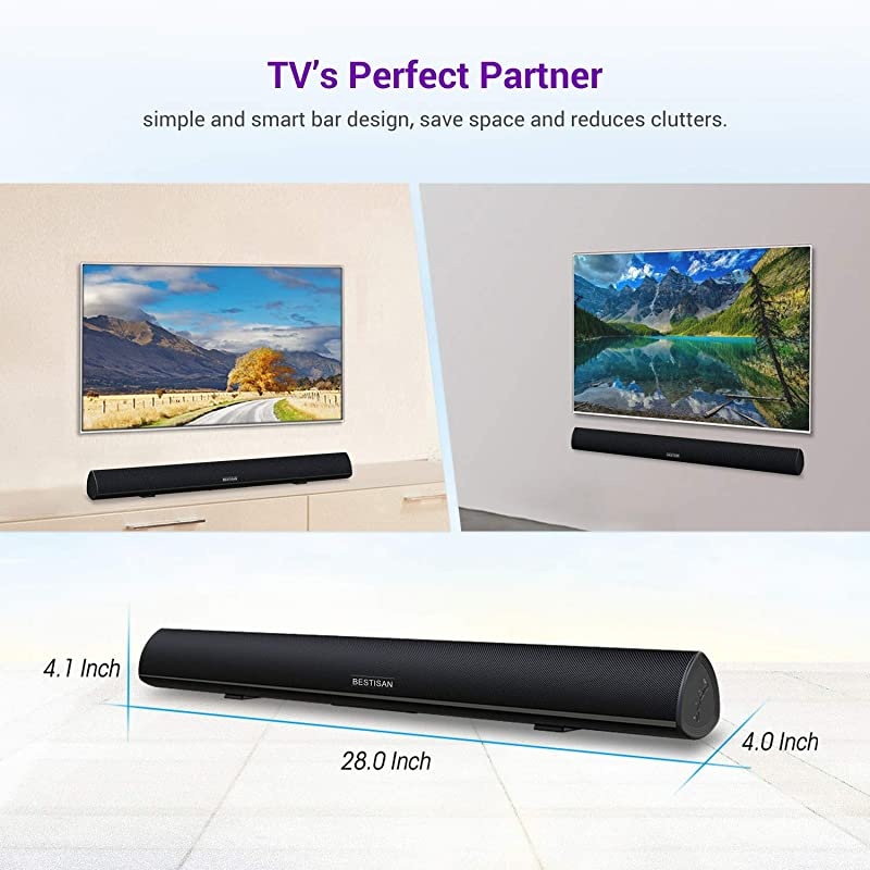 Bar, Bestisan bar for TV, Wired & Wireless Bluetooth 5.0 Speaker, Home Theater Surround System (28 Inch, Infrad Remote Control, DSP, Bass Adjustable)