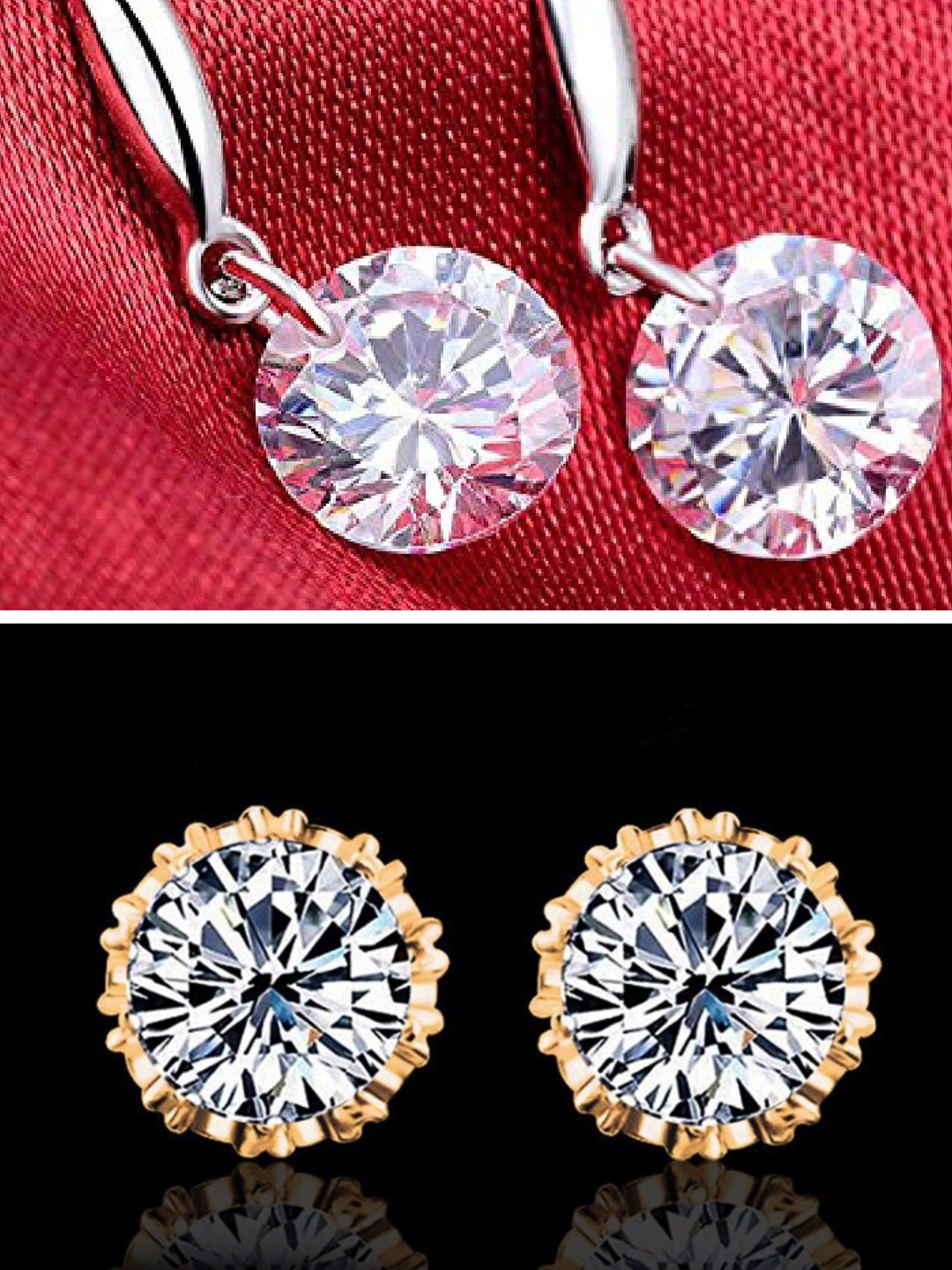 OOMPH Delicate Golden Silver Crown Design Zirconia Stud & Drop Earrings for Women - Set of 2