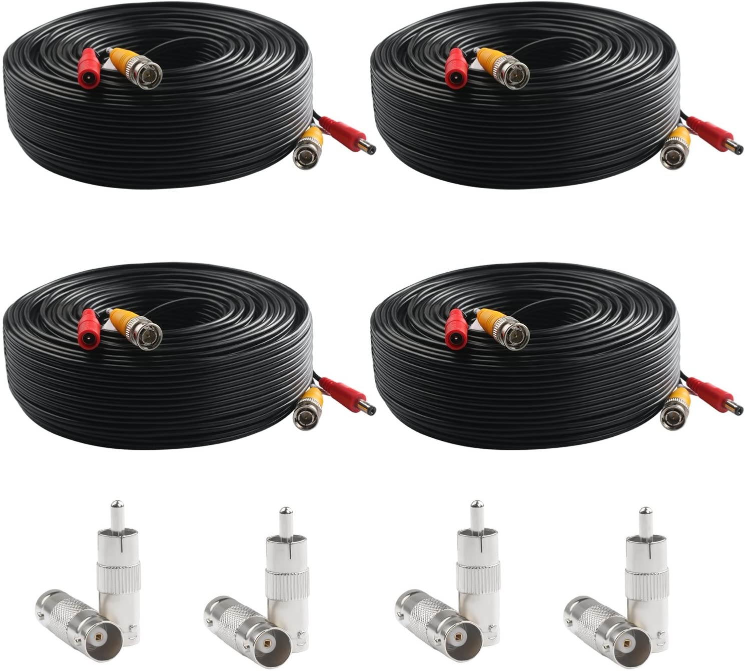 Postta BNC Video Power Cable (4 Pack 100 Feet) Pre-Made All-in-One Video Security Camera Cable Wire with Eight Connectors for CCTV DVR Surveillance System