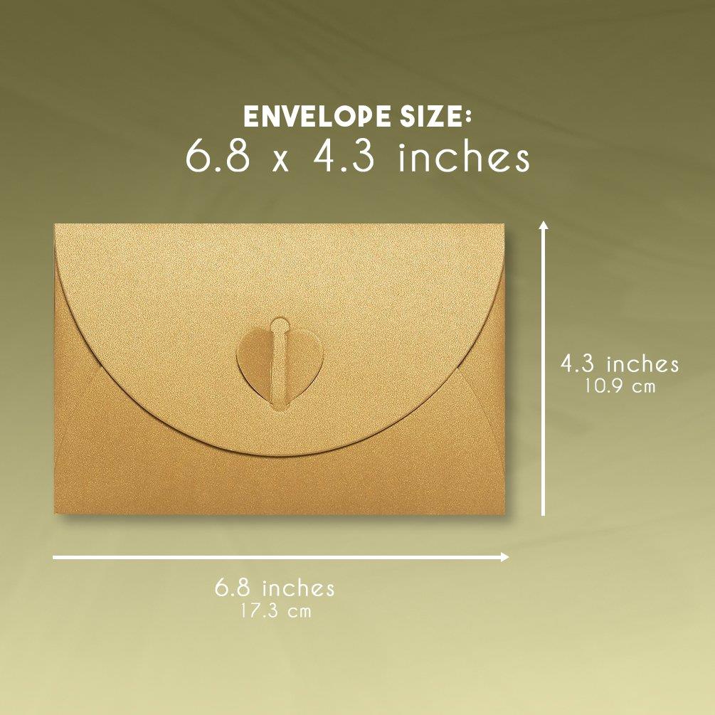 Gift Envelopes - 24 Pack Colorful Craft Photo Envelopes with Heart Clasps - Includes White Postcard Inside, Paper, Golden, 6.8 x 4.3 inches