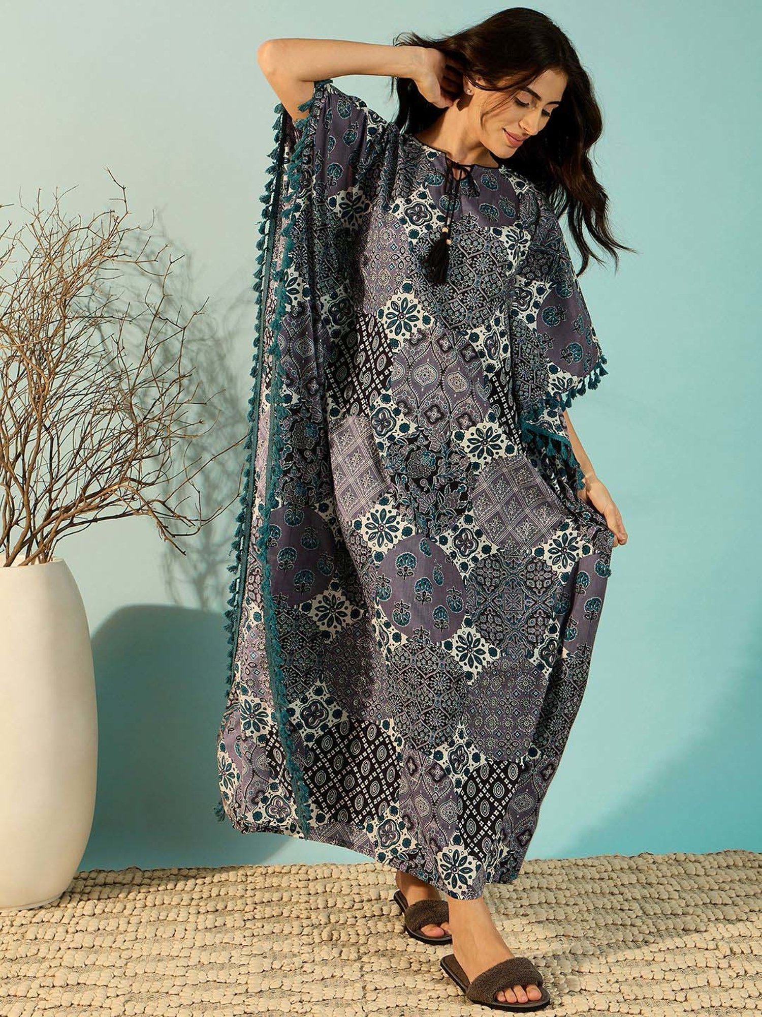 The Kaftan Company Purple Cotton Printed Kaftan