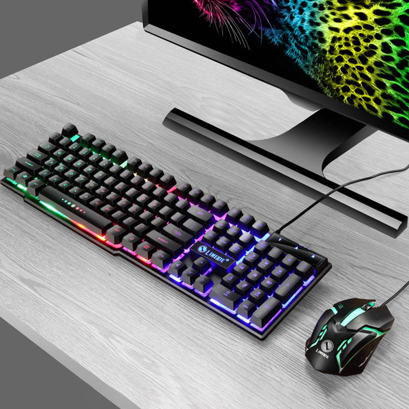 Gaming Keyboard and Mouse Combo, LED Multi-Colored Backlight USB Wired Computer Keyboard 104 Key, Ergonomic Keyboard Mouse Set for Windows PC Gamer,  Black