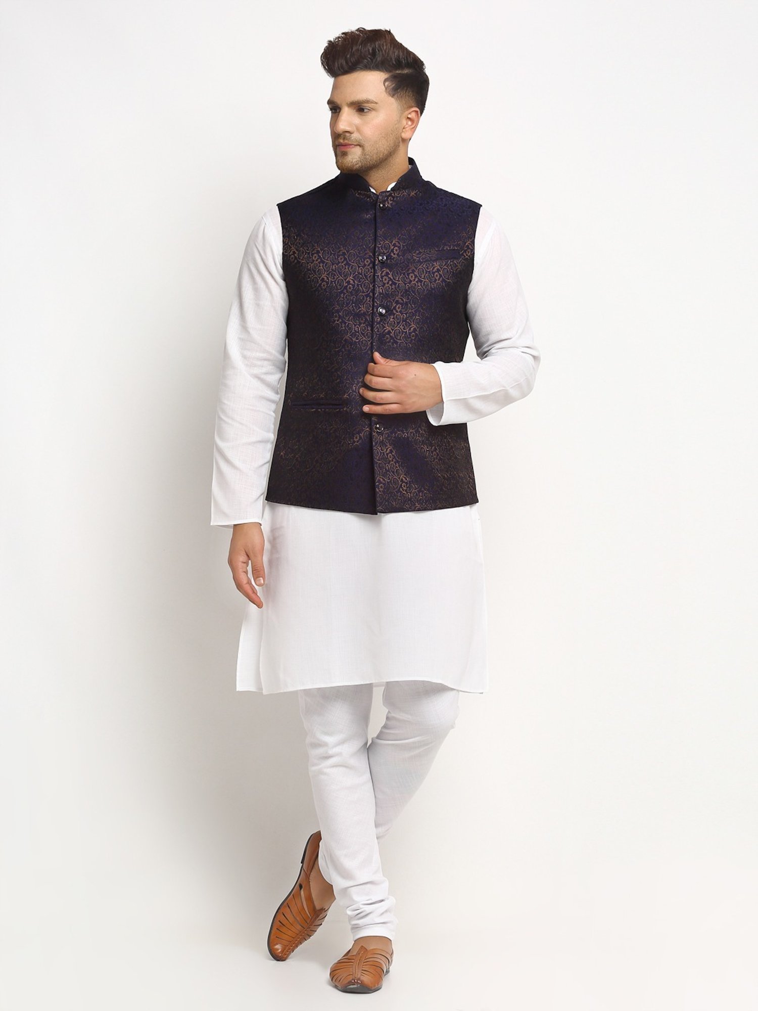 Treemoda Navy Blue Regular Fit Self Pattern Nehru Jacket