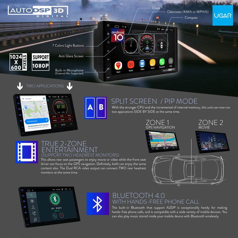 UGAR EX10-DSP 7" Android 10.0 Car Stereo 2GB 16GB with Front & Rear View Camera Head Unit Bluetooth WiFi Double Din Radio Car Audio Indash GPS Navigation Touch Screen