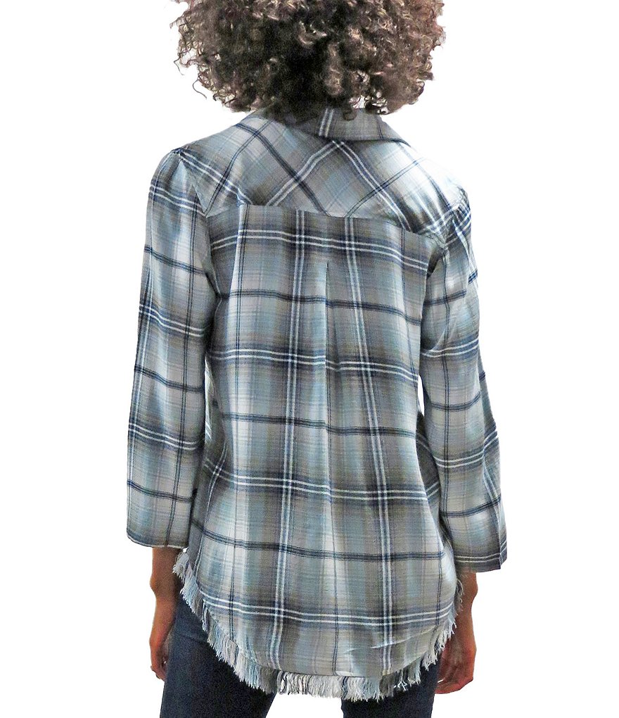 Karyn Seo Mikaila Fringe Hem Button-Front Point Collar Neck 3/4 Sleeve Plaid Shirt