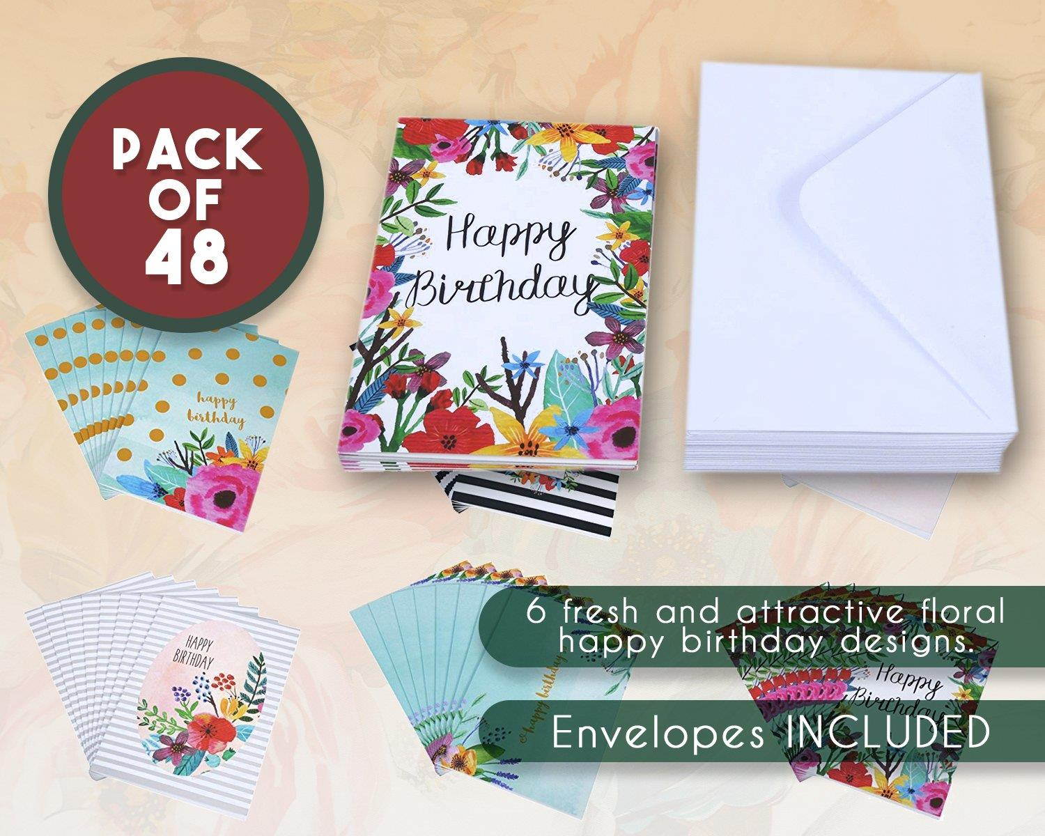 Juvale Birthday Card - 48-Pack Birthday Cards Box Set, Happy Birthday Cards - 6 Unique Floral Designs Birthday Card Bulk, Envelopes Included, 4 x 6 Inches