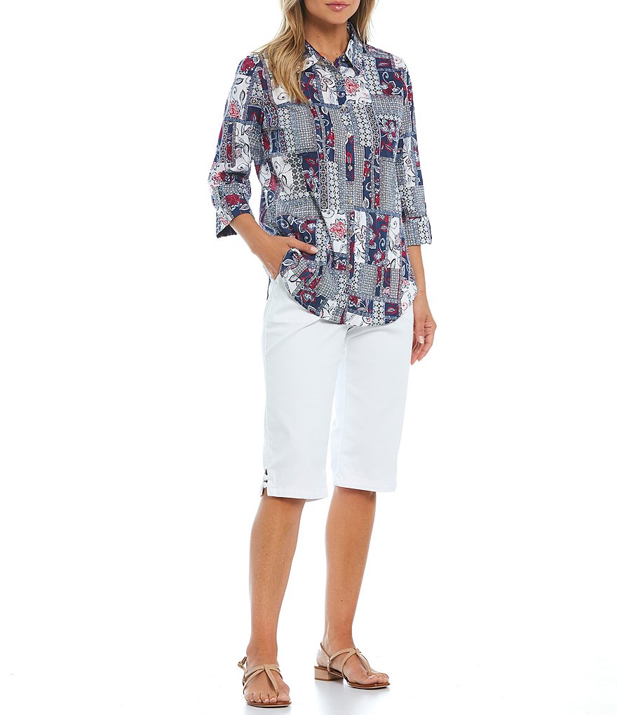 Ali Miles Petite Size Long Roll-Tab Sleeve Round V-Neck Pucker Knit Asymmetrical Tunic