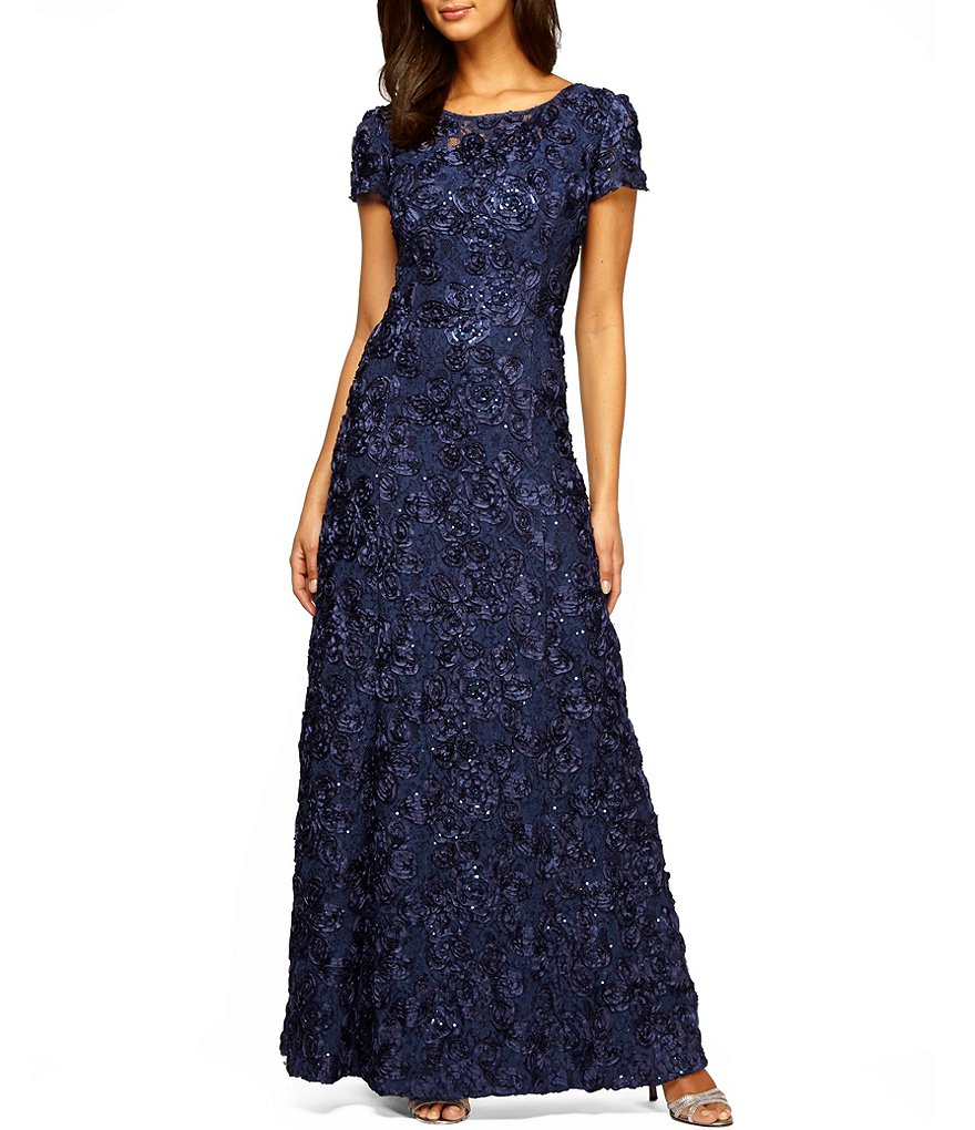 Alex Evenings Sequined-Lace Rosette-Rose Gown