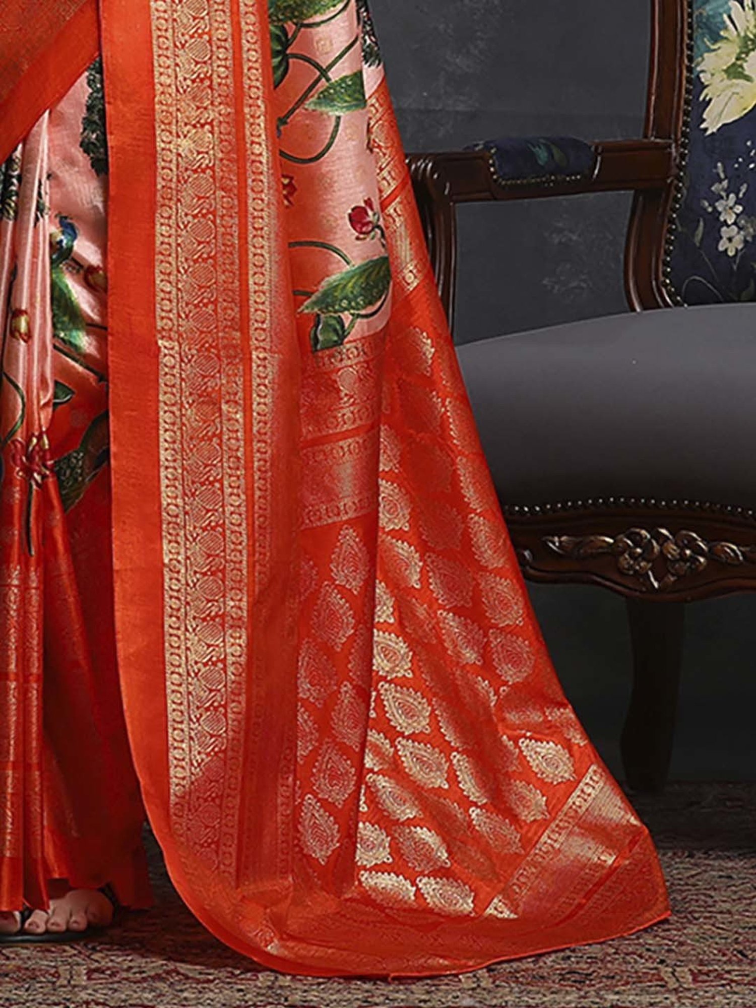 Saree Mall Pink & Orange Silk Printed Saree With Unstitched Blouse