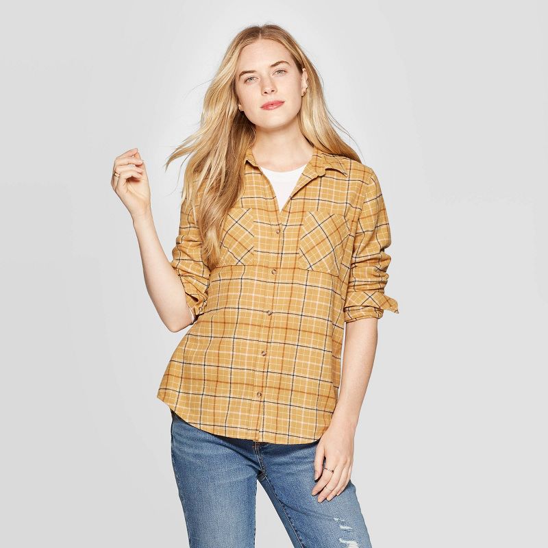 Women's Plaid Long Sleeve Cotton Flannel Shirt - Universal Thread™ Gold L