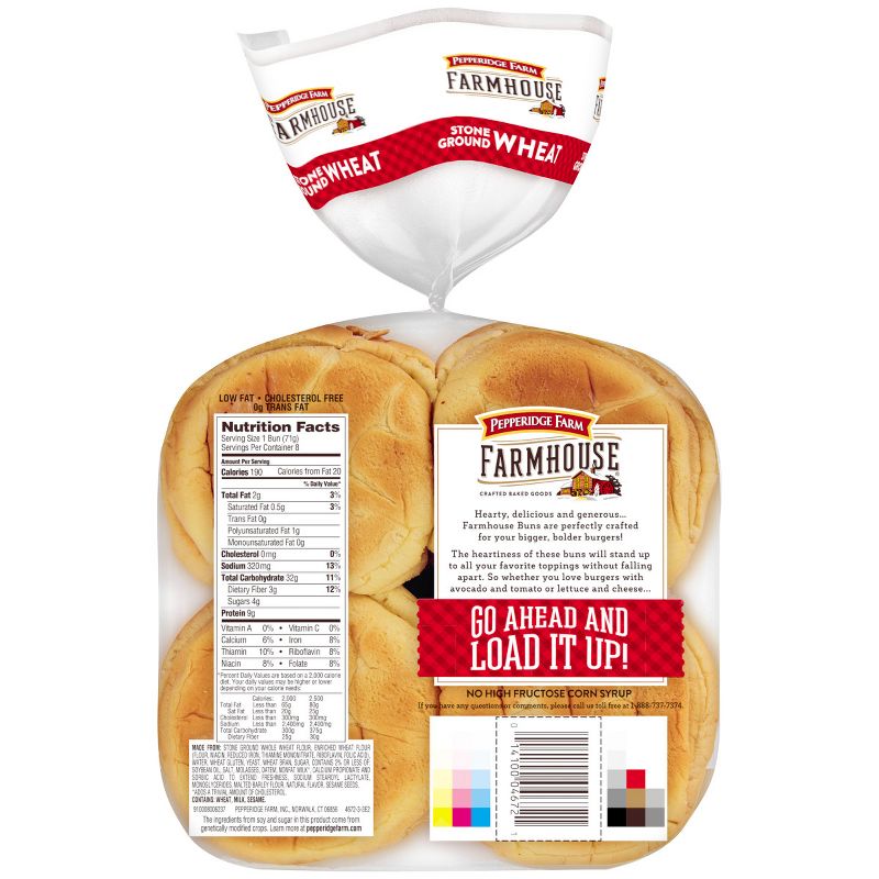 Pepperidge Farm Farmhouse Stone Ground Wheat Hamburger Buns, 20oz Bag, 8pk
