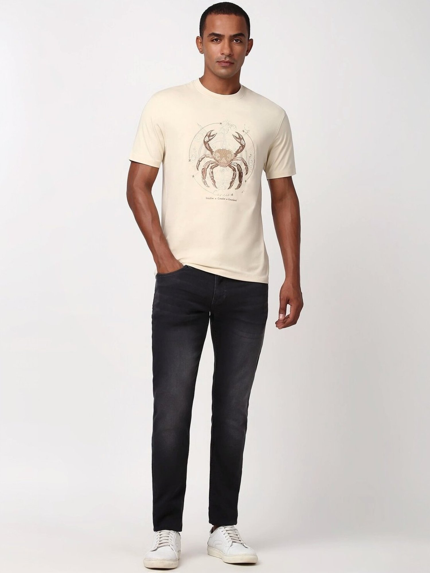 Peter England Beige Cotton Regular Fit Embroidered T-Shirt