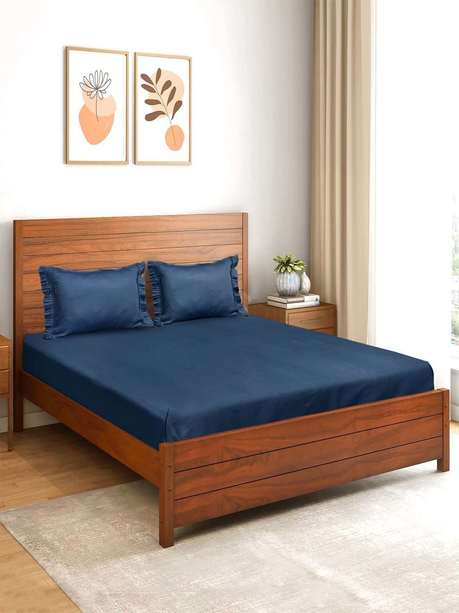 Saral Home Easy Living Blue Cotton Queen Bed Sheet With Pillow Covers