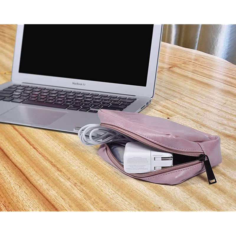 Accessories Organizer Bag Premium PU Leather Multifunctional Travel Digital Accessories Storage Bag Cable Storage Bag for Power Bank Mouse Adapter Cable Earphones Rose Powder