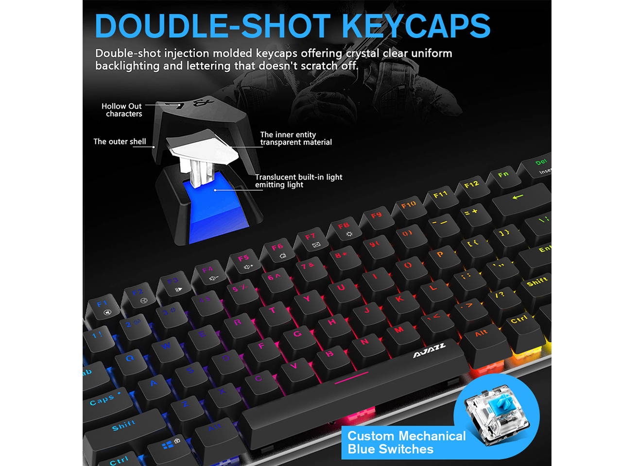 RGB Mechanical Keyboard, 82 Keys Layout, Black Switches, LED Backlit, Aluminum Portable Wired Gaming Keyboard, Pluggable Cable, for Games Work and Daily Use, Black